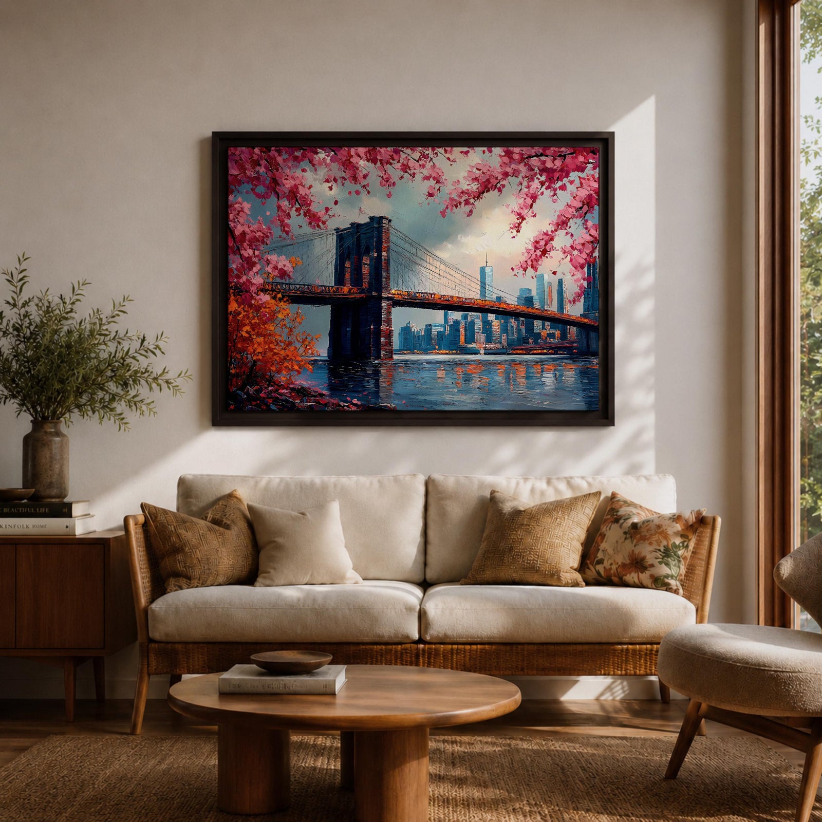 Brooklyn Bridge Wall Art New York Skyline Framed Canvas Impasto Cityscape Home Decor