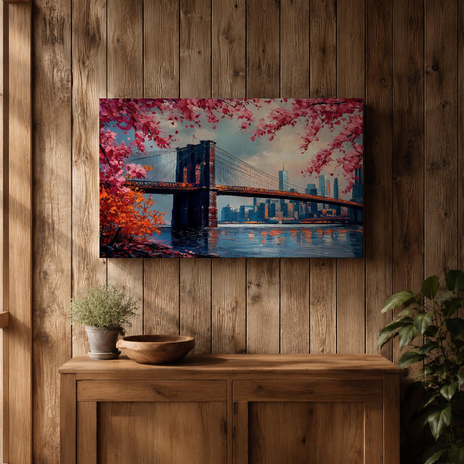 Brooklyn Bridge Wall Art New York Skyline Framed Canvas Impasto Cityscape Home Decor
