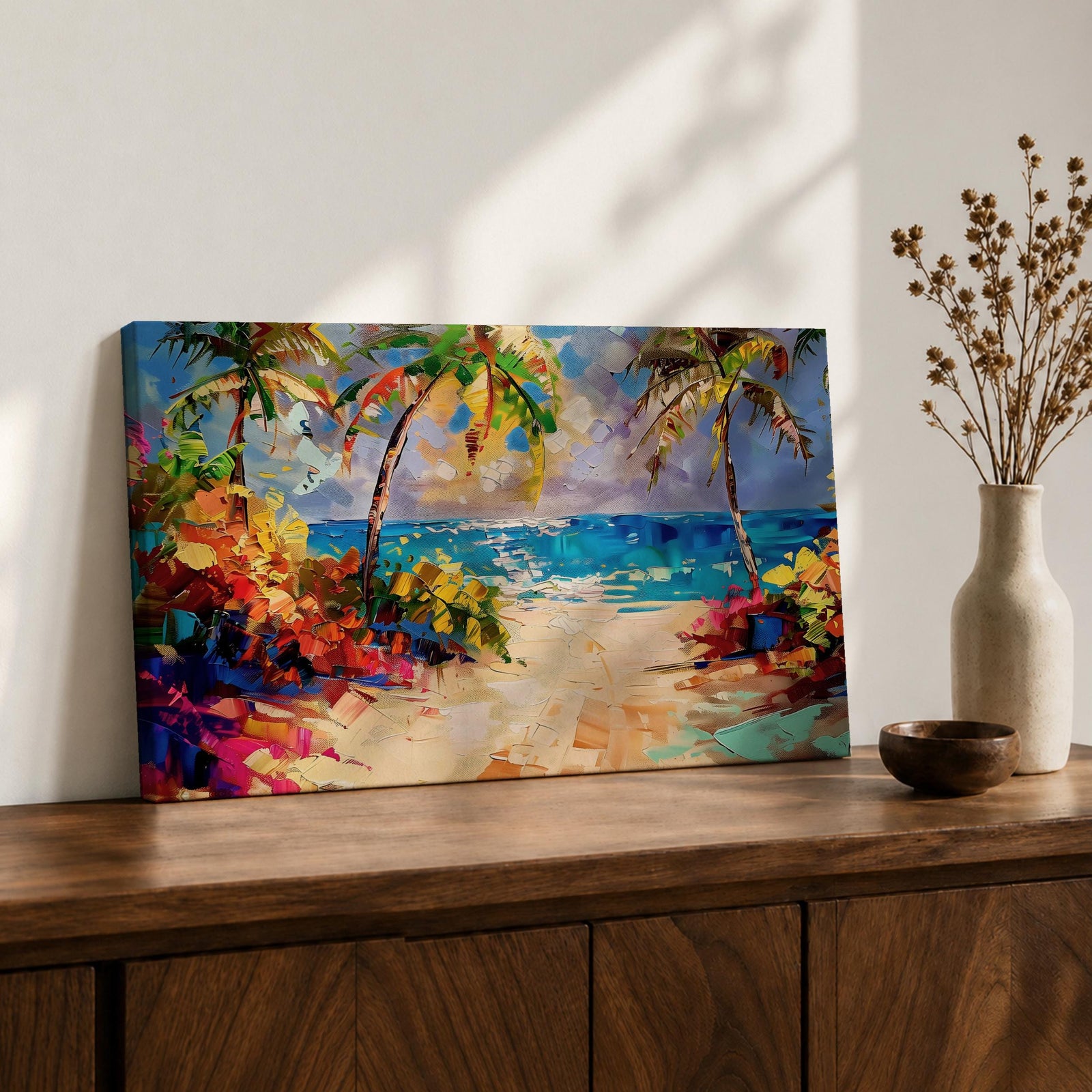 Tropical Beach Wall Art Palm Tree Seascape Framed Canvas Coastal Abstract Living Room Decor