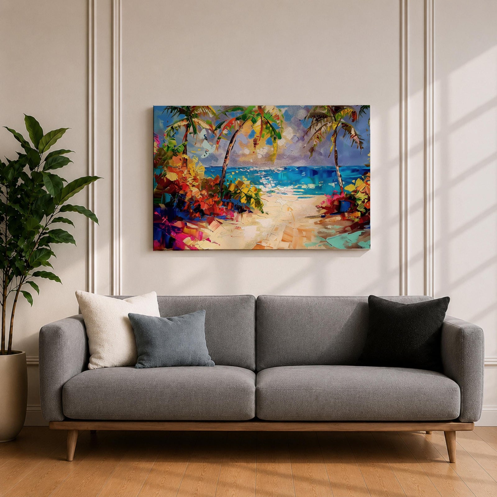 Tropical Beach Wall Art Palm Tree Seascape Framed Canvas Coastal Abstract Living Room Decor