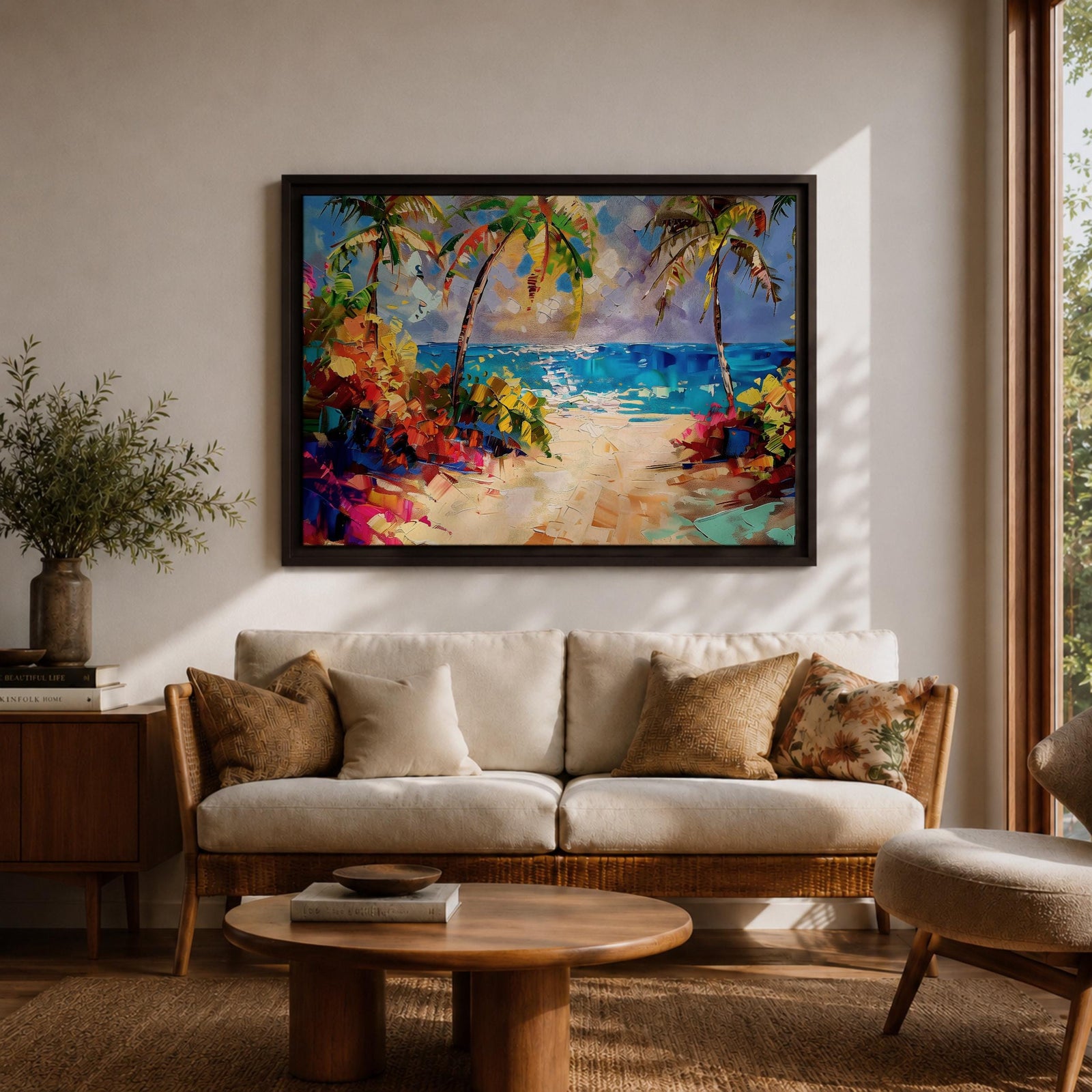 Tropical Beach Wall Art Palm Tree Seascape Framed Canvas Coastal Abstract Living Room Decor