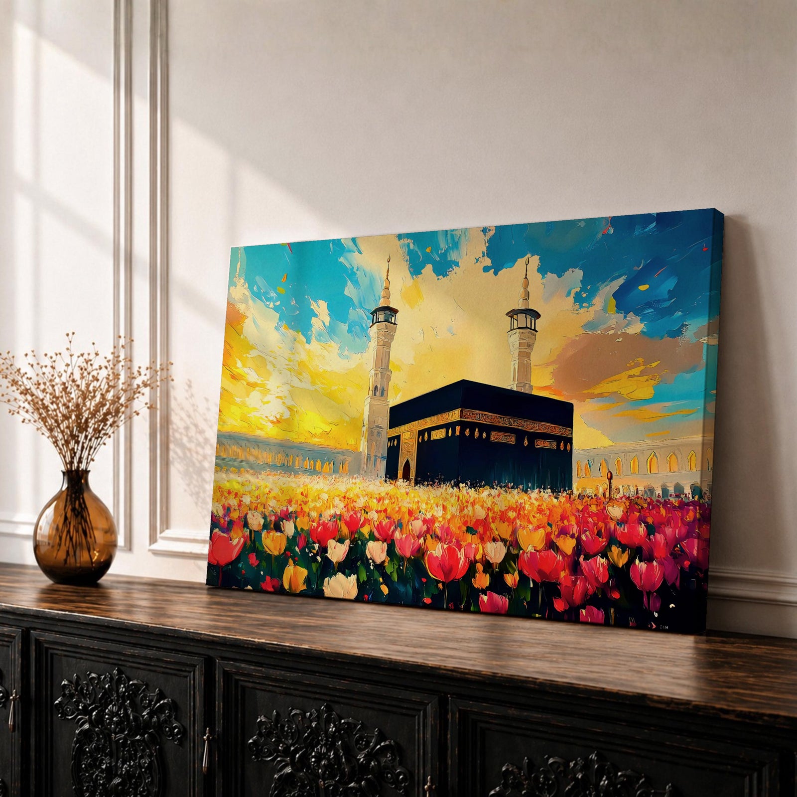 Kaaba Wall Art Floral Field Framed Canvas Baitullah Impasto Mecca Muslim Home Decor
