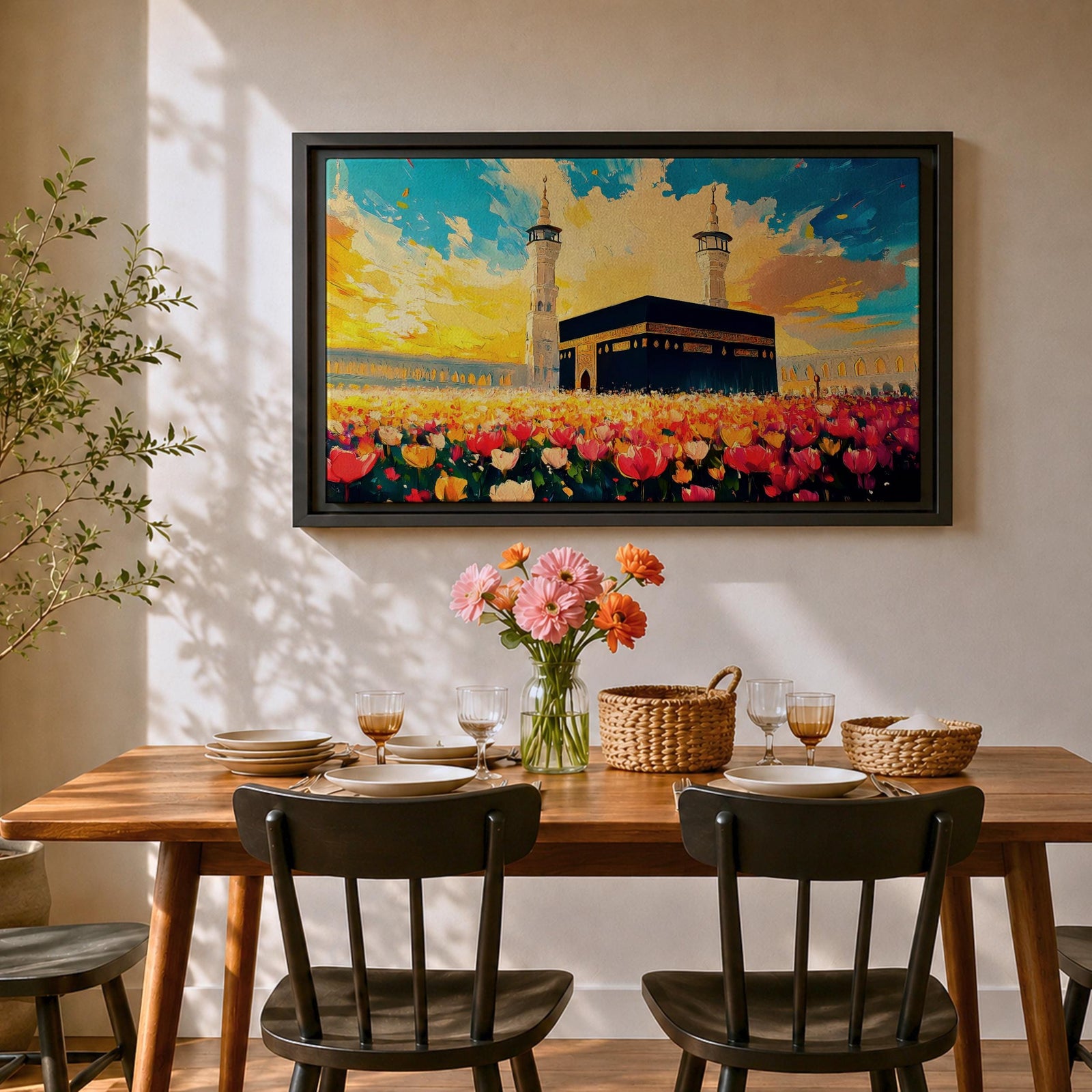 Kaaba Wall Art Floral Field Framed Canvas Baitullah Impasto Mecca Muslim Home Decor