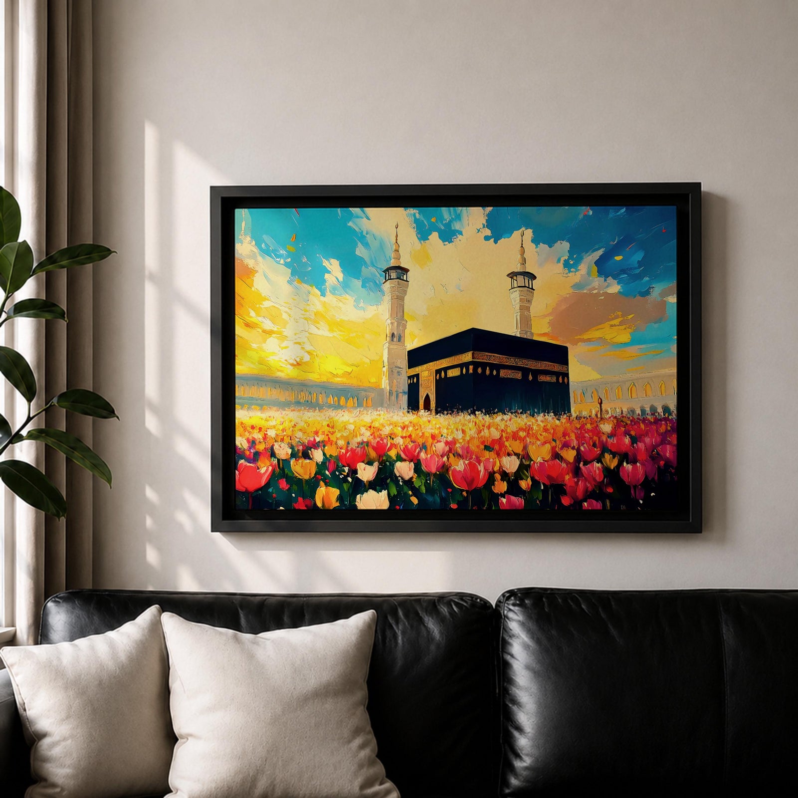 Kaaba Wall Art Floral Field Framed Canvas Baitullah Impasto Mecca Muslim Home Decor