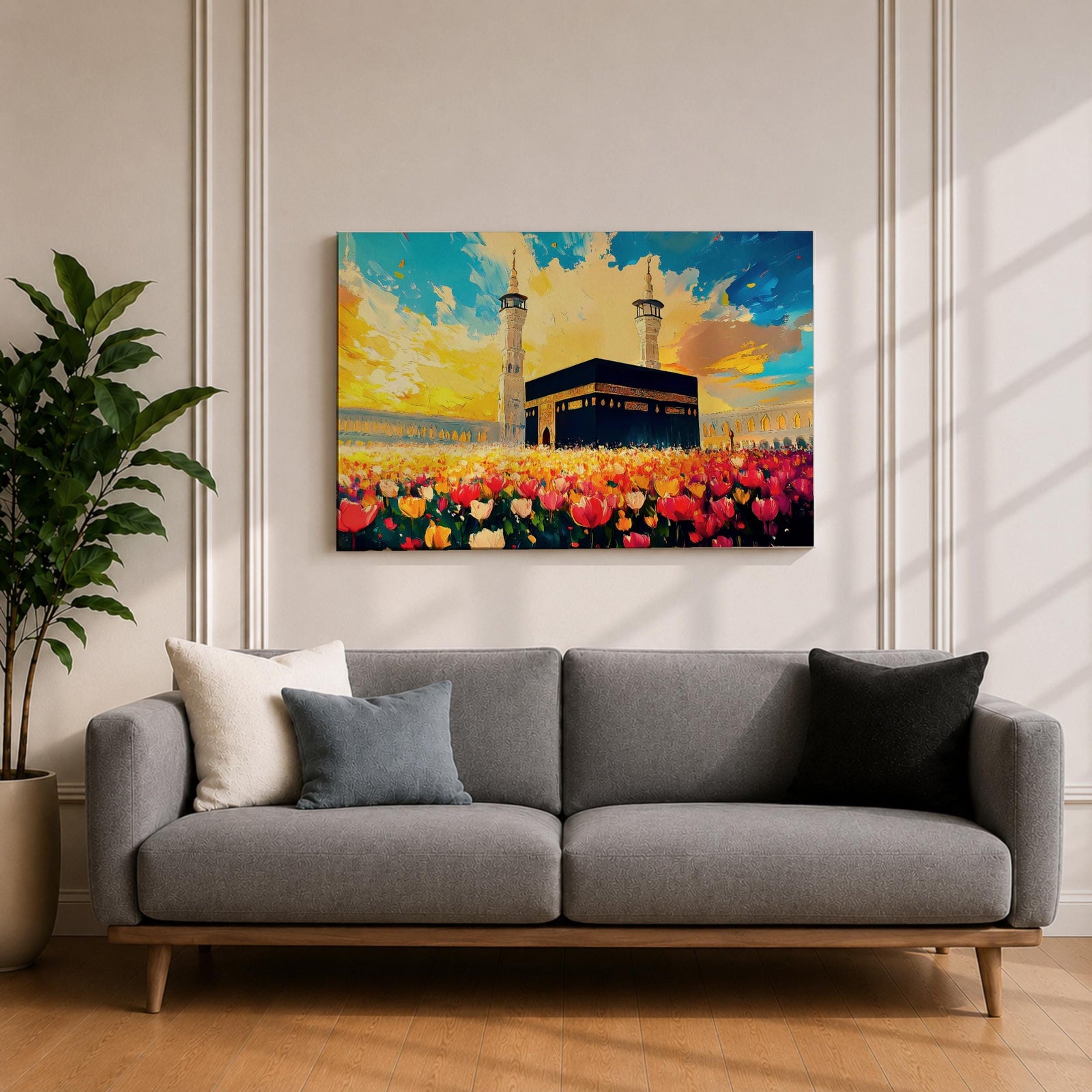 Kaaba Wall Art Floral Field Framed Canvas Baitullah Impasto Mecca Muslim Home Decor