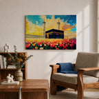 Kaaba Wall Art Floral Field Framed Canvas Baitullah Impasto Mecca Muslim Home Decor