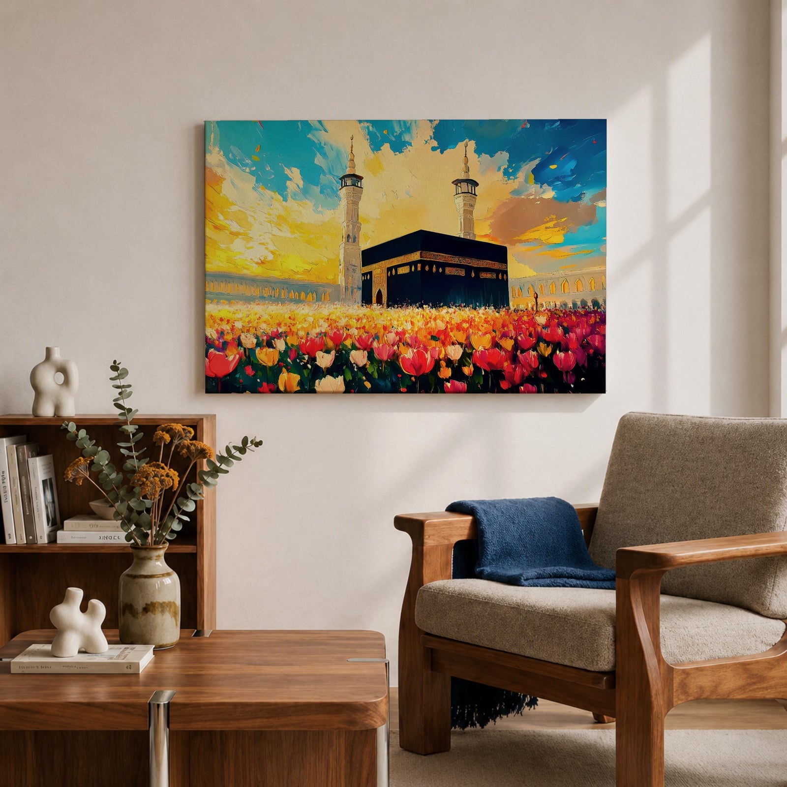 Kaaba Wall Art Floral Field Framed Canvas Baitullah Impasto Mecca Muslim Home Decor