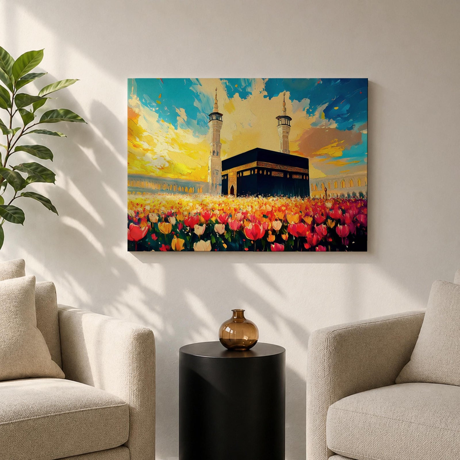 Kaaba Wall Art Floral Field Framed Canvas Baitullah Impasto Mecca Muslim Home Decor