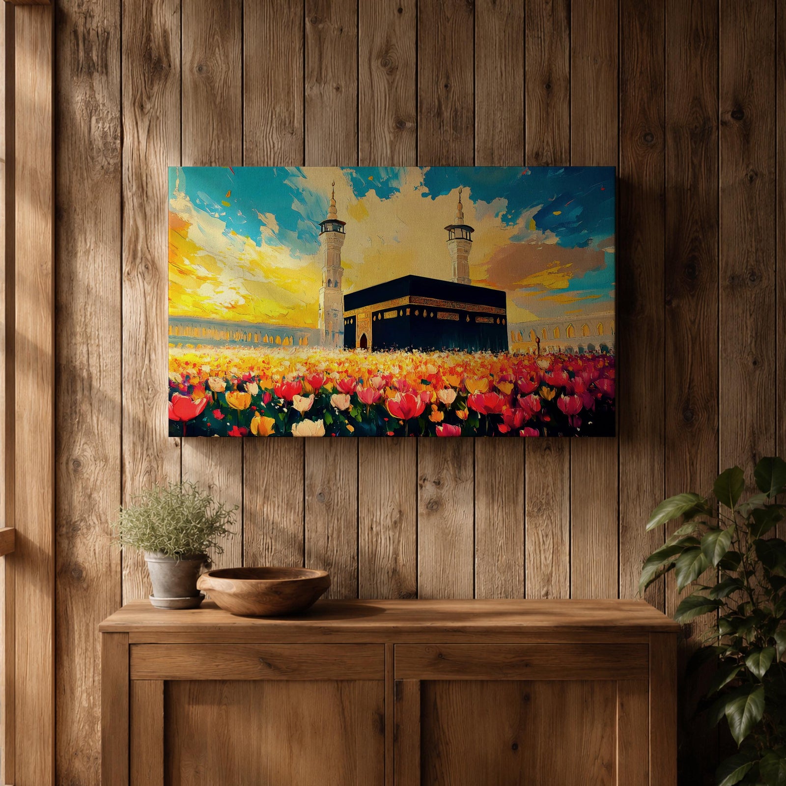 Kaaba Wall Art Floral Field Framed Canvas Baitullah Impasto Mecca Muslim Home Decor