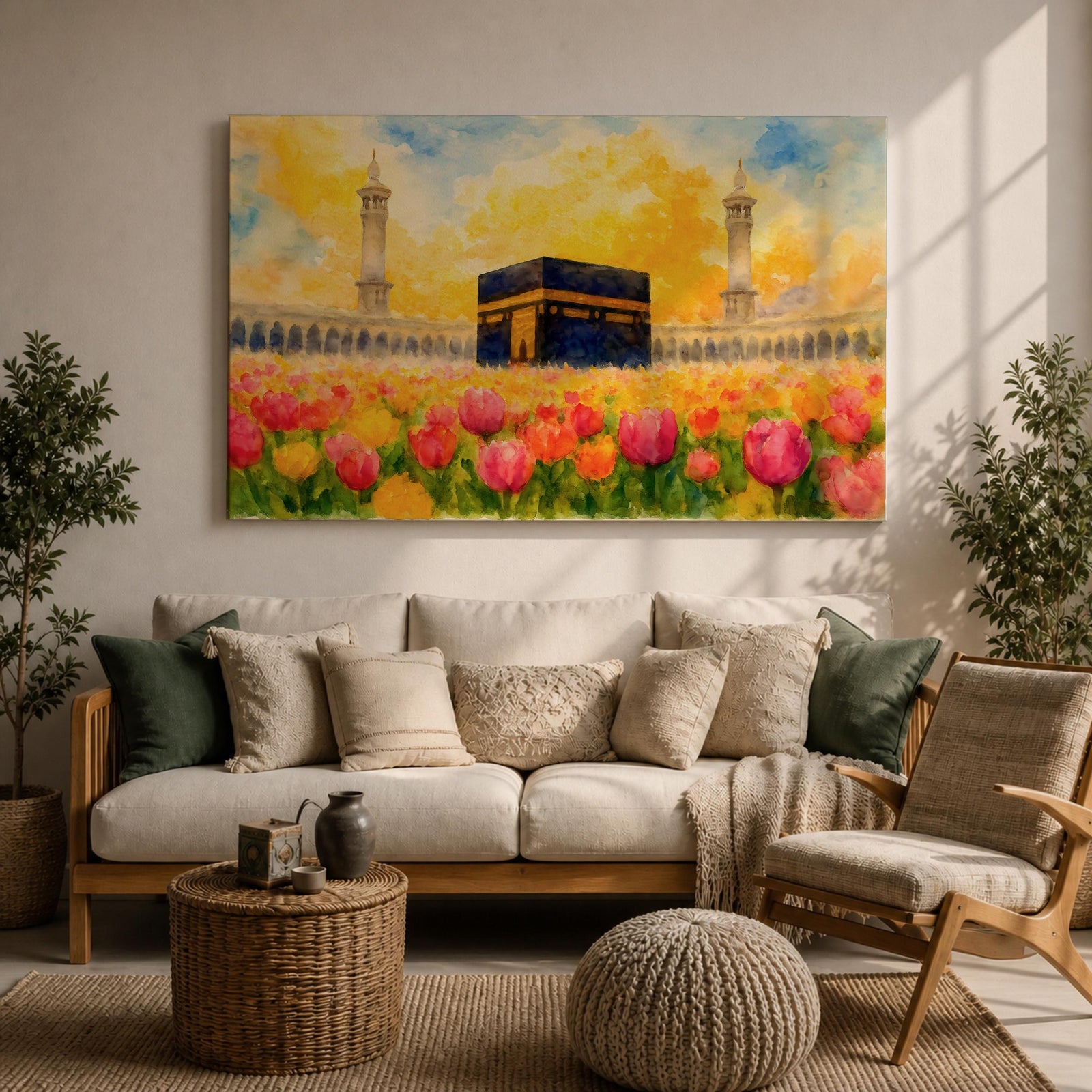 Kaaba Wall Art Tulip Field Framed Canvas Masjid Haram Watercolor Mecca Muslim Home Decor