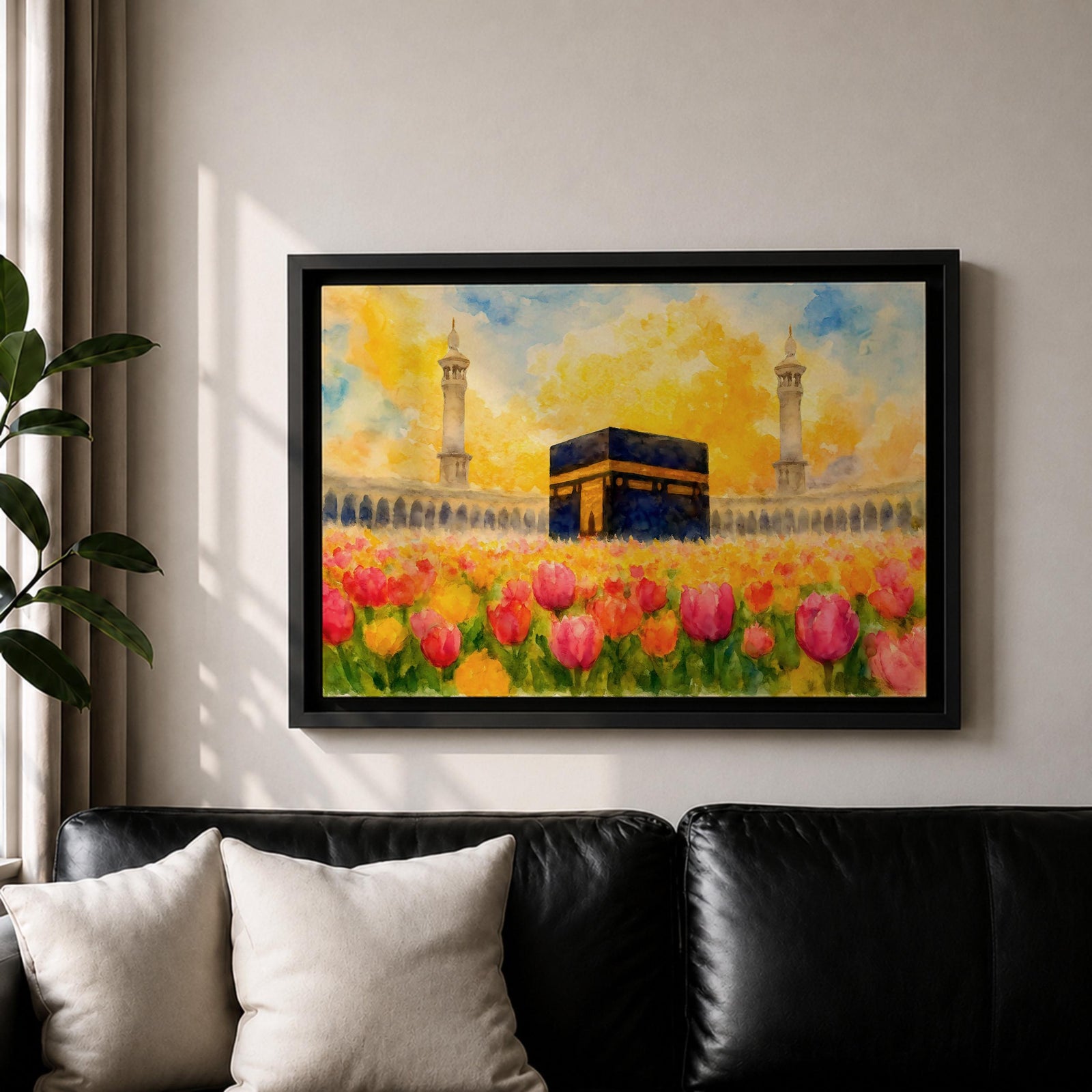 Kaaba Wall Art Tulip Field Framed Canvas Masjid Haram Watercolor Mecca Muslim Home Decor