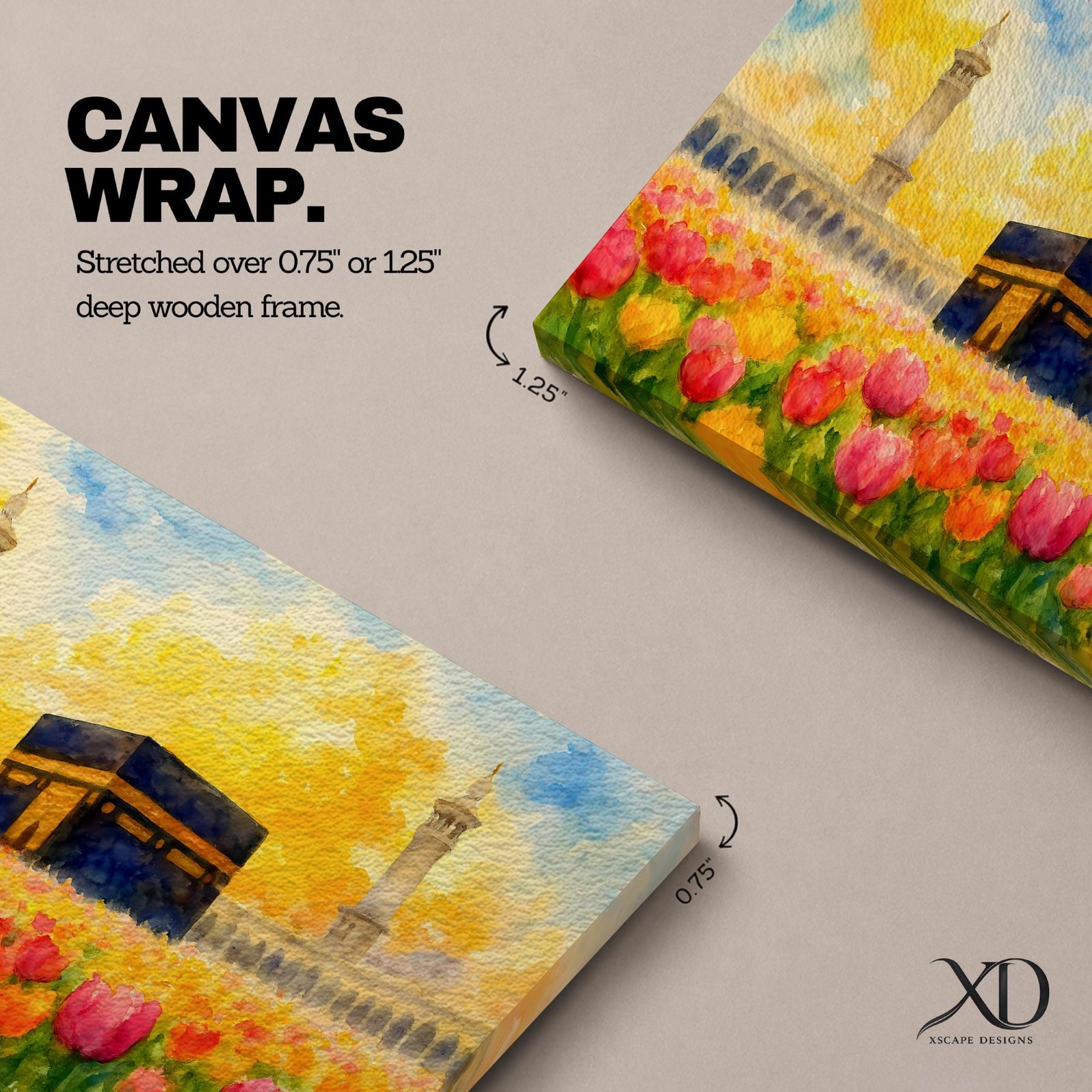 Kaaba Wall Art Tulip Field Framed Canvas Masjid Haram Watercolor Mecca Muslim Home Decor