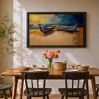 Coastal Boat Wall Art Fishing Boat Seascape Framed Canvas Nautical Impasto Living Room Decor