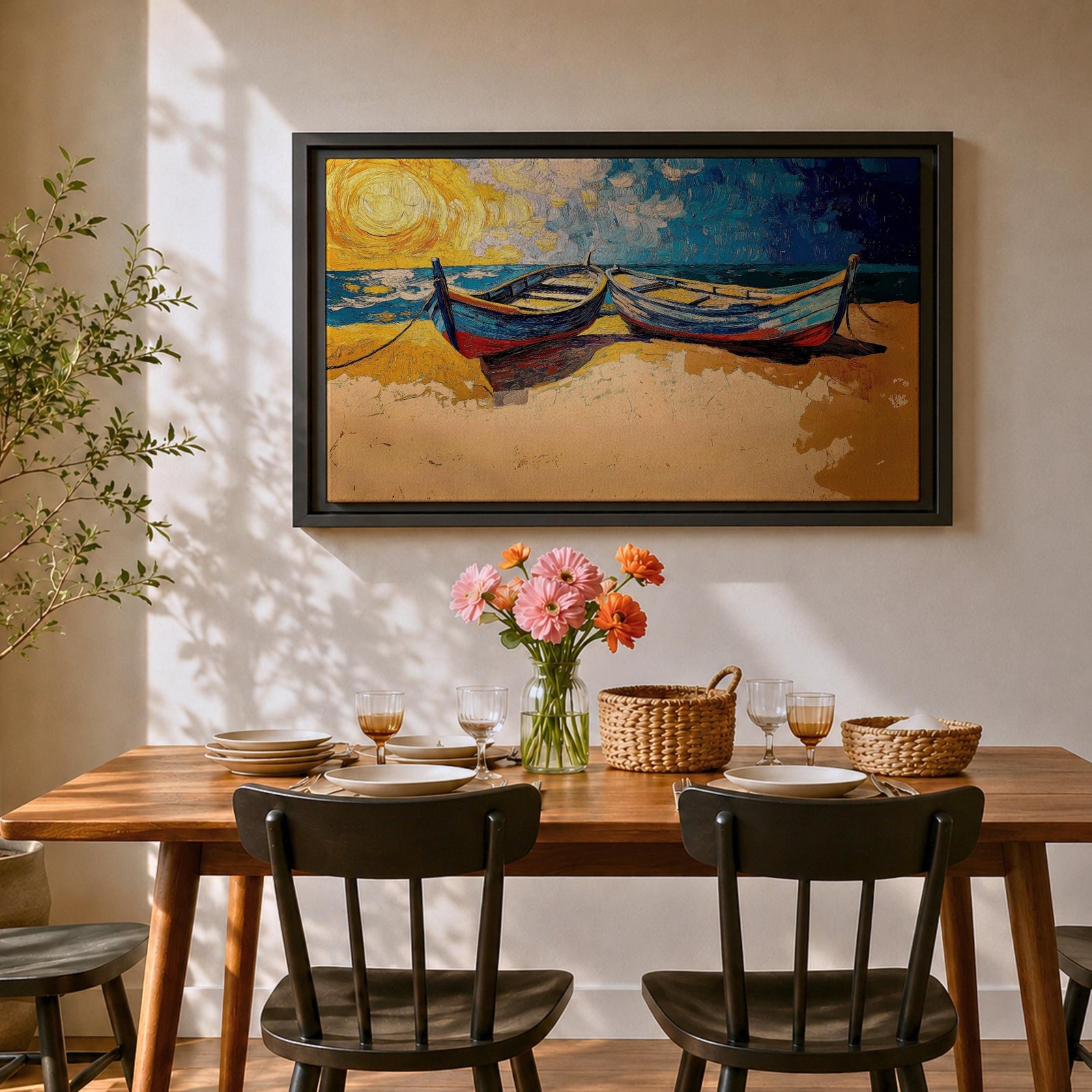 Coastal Boat Wall Art Fishing Boat Seascape Framed Canvas Nautical Impasto Living Room Decor
