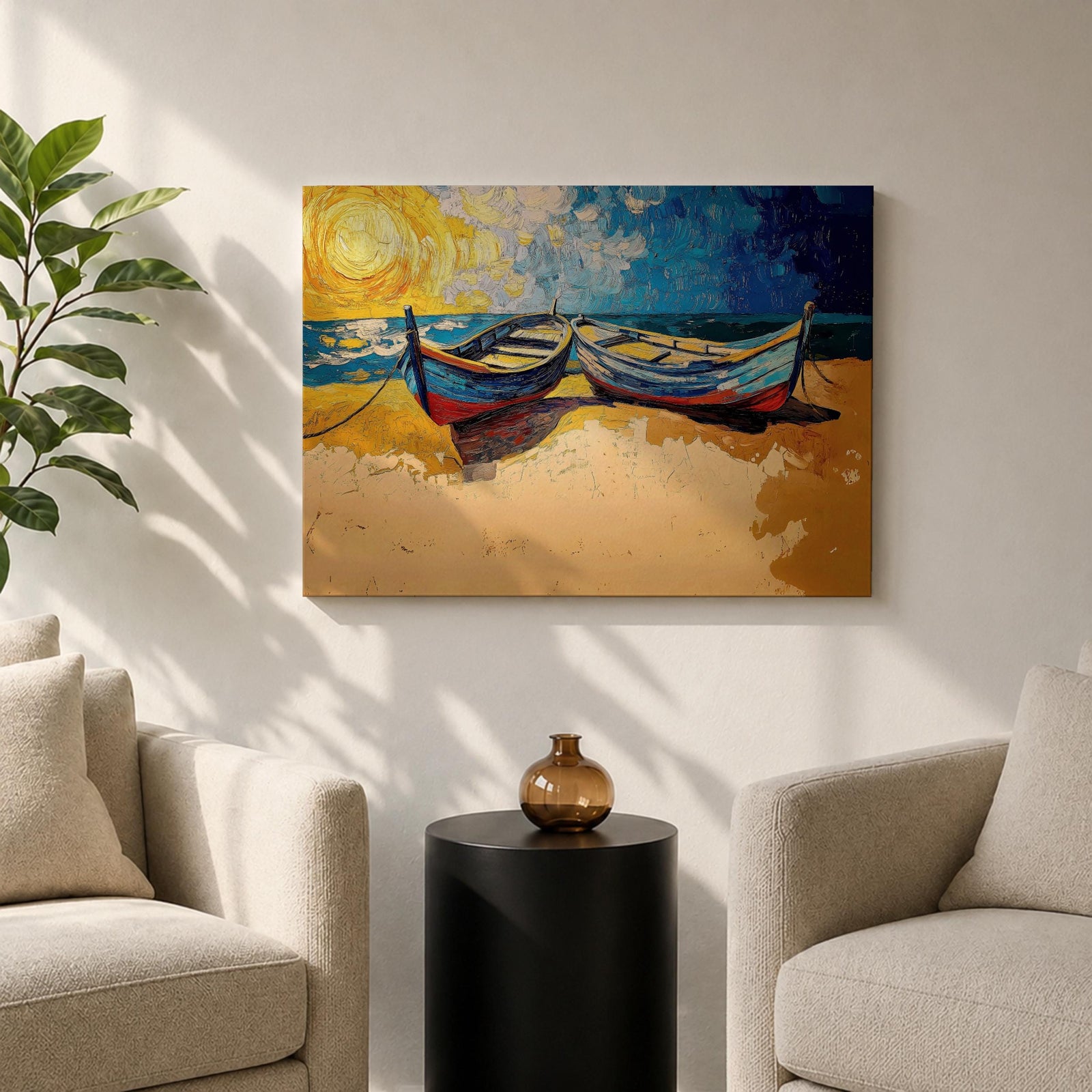 Coastal Boat Wall Art Fishing Boat Seascape Framed Canvas Nautical Impasto Living Room Decor