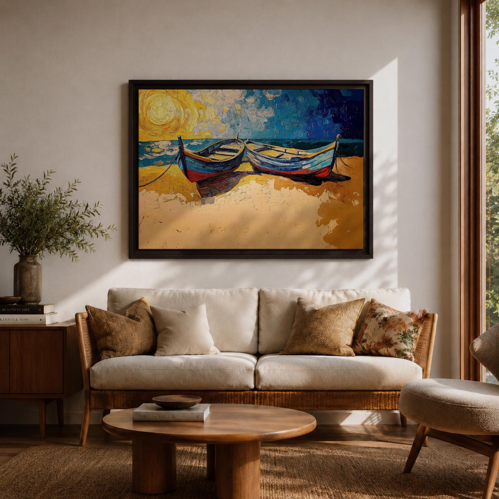 Coastal Boat Wall Art Fishing Boat Seascape Framed Canvas Nautical Impasto Living Room Decor