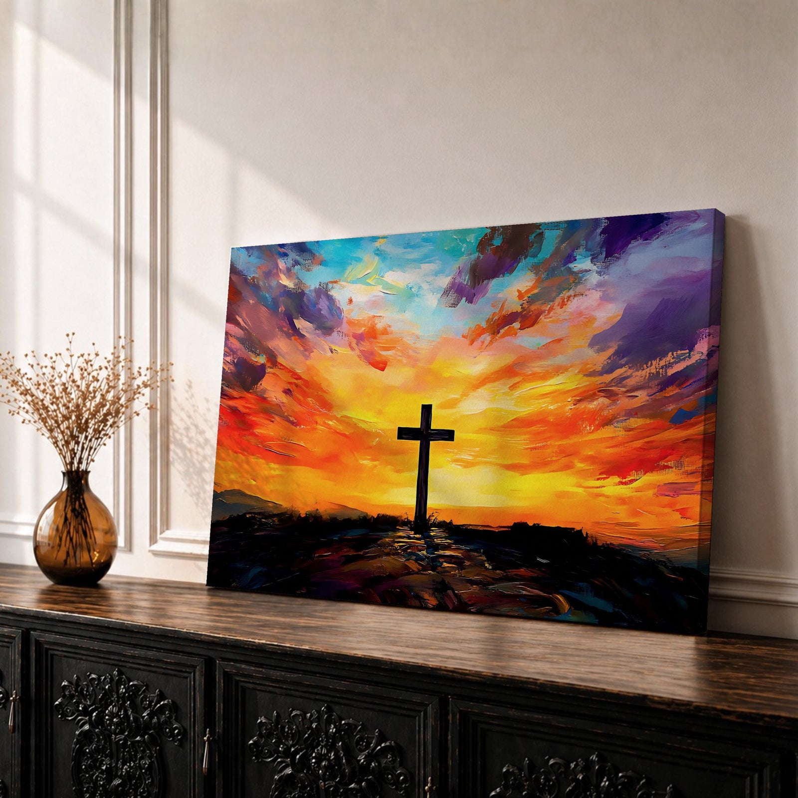 Cross Wall Art Calvary Framed Canvas Christian Impasto Prayer Room Catholic Home Decor