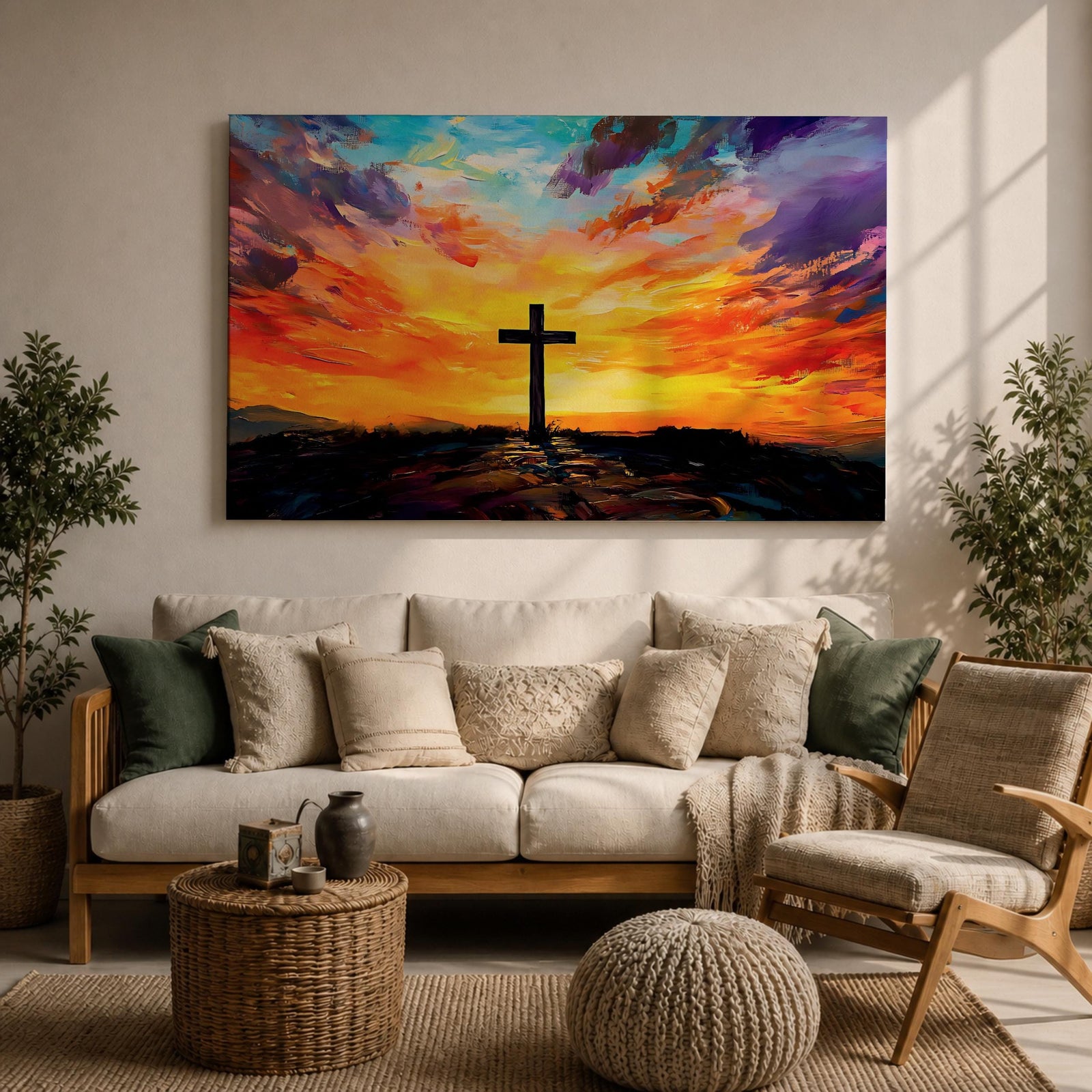 Cross Wall Art Calvary Framed Canvas Christian Impasto Prayer Room Catholic Home Decor