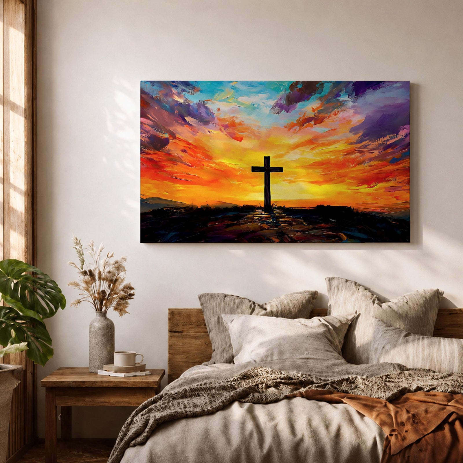 Cross Wall Art Calvary Framed Canvas Christian Impasto Prayer Room Catholic Home Decor