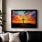 Cross Wall Art Calvary Framed Canvas Christian Impasto Prayer Room Catholic Home Decor