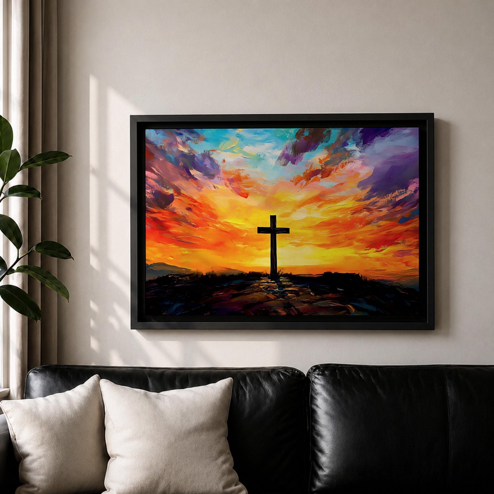 Cross Wall Art Calvary Framed Canvas Christian Impasto Prayer Room Catholic Home Decor