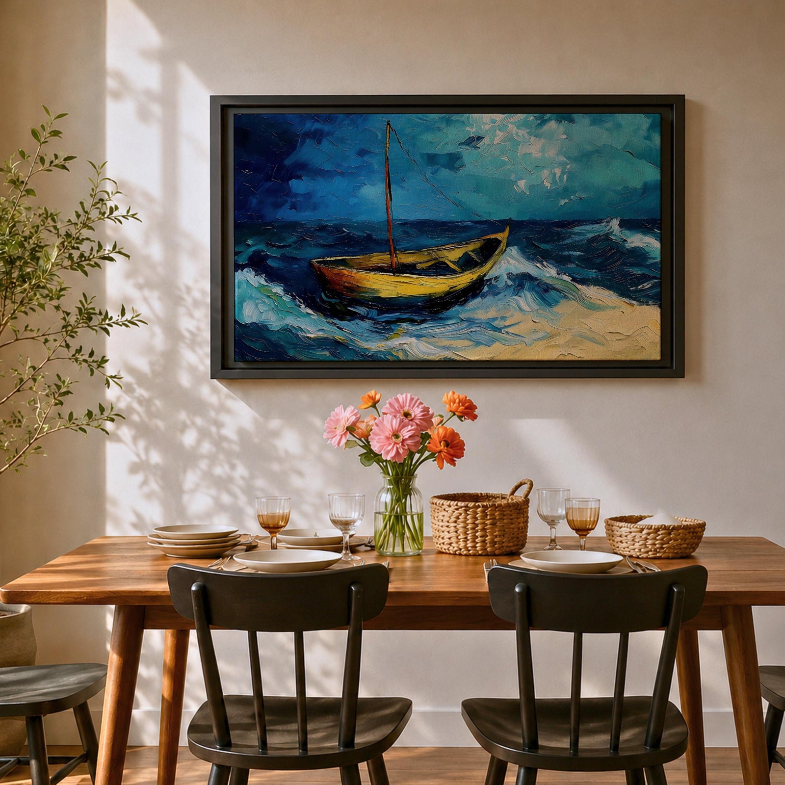 Sailboat Wall Art Ocean Boat Seascape Framed Canvas Nautical Impasto Living Room Decor