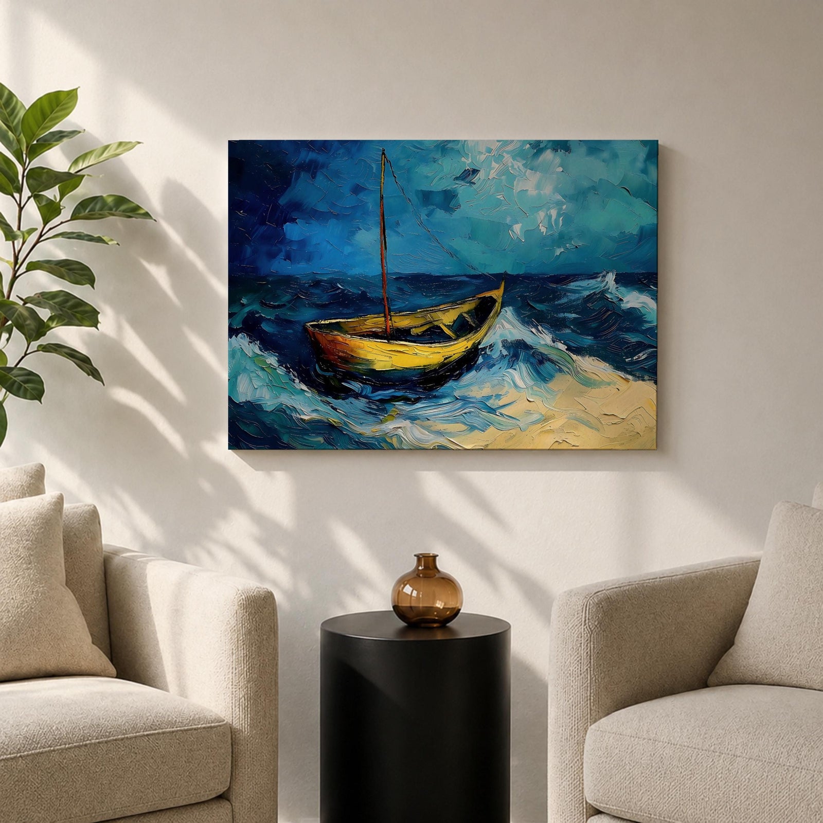 Sailboat Wall Art Ocean Boat Seascape Framed Canvas Nautical Impasto Living Room Decor