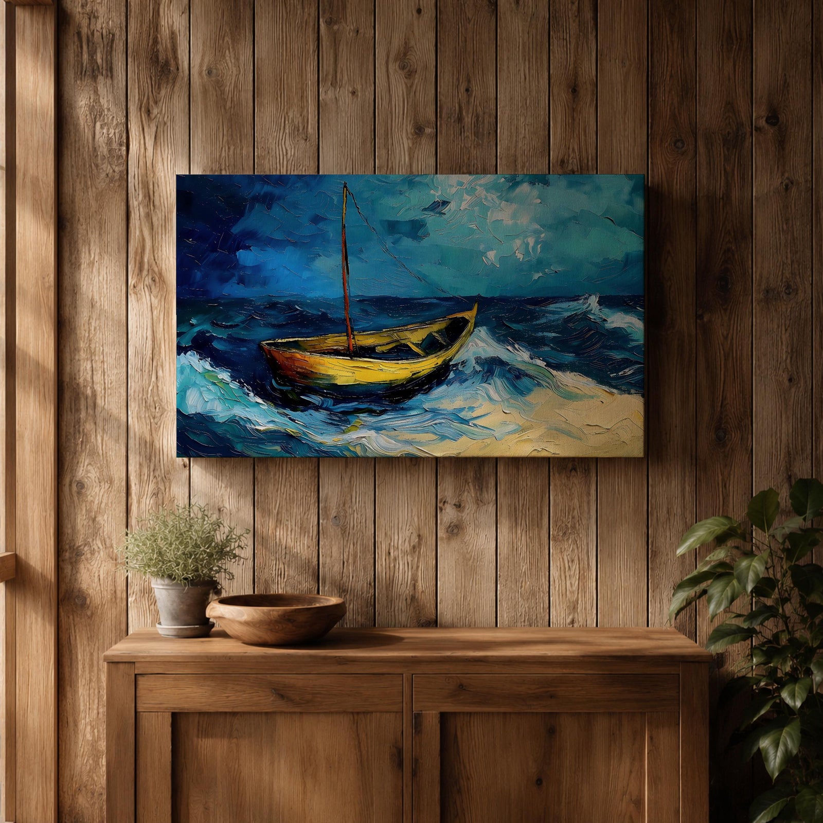 Sailboat Wall Art Ocean Boat Seascape Framed Canvas Nautical Impasto Living Room Decor