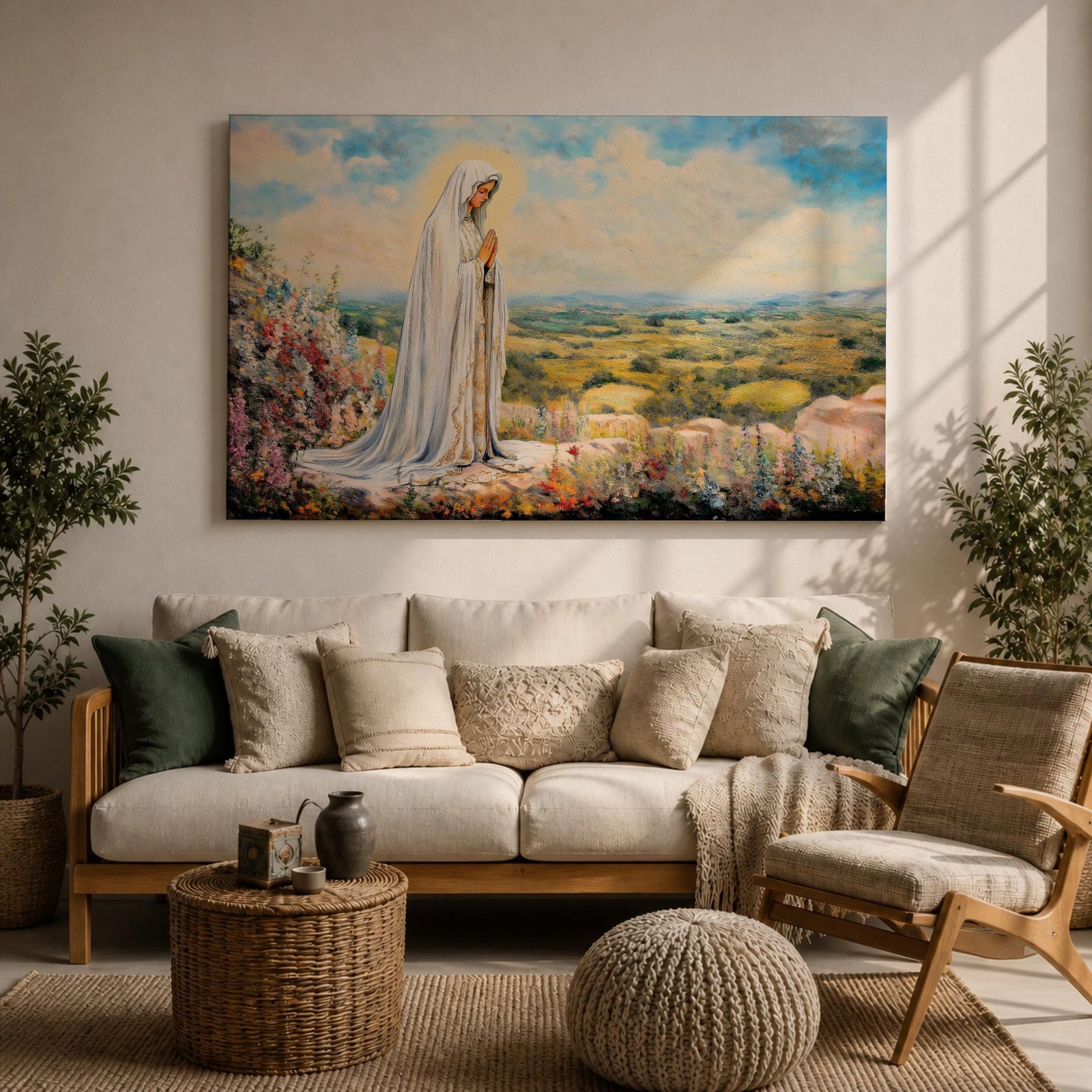 Virgin Mary Apparition Wall Art Our Lady of Fatima Framed Canvas Catholic Prayer Decor