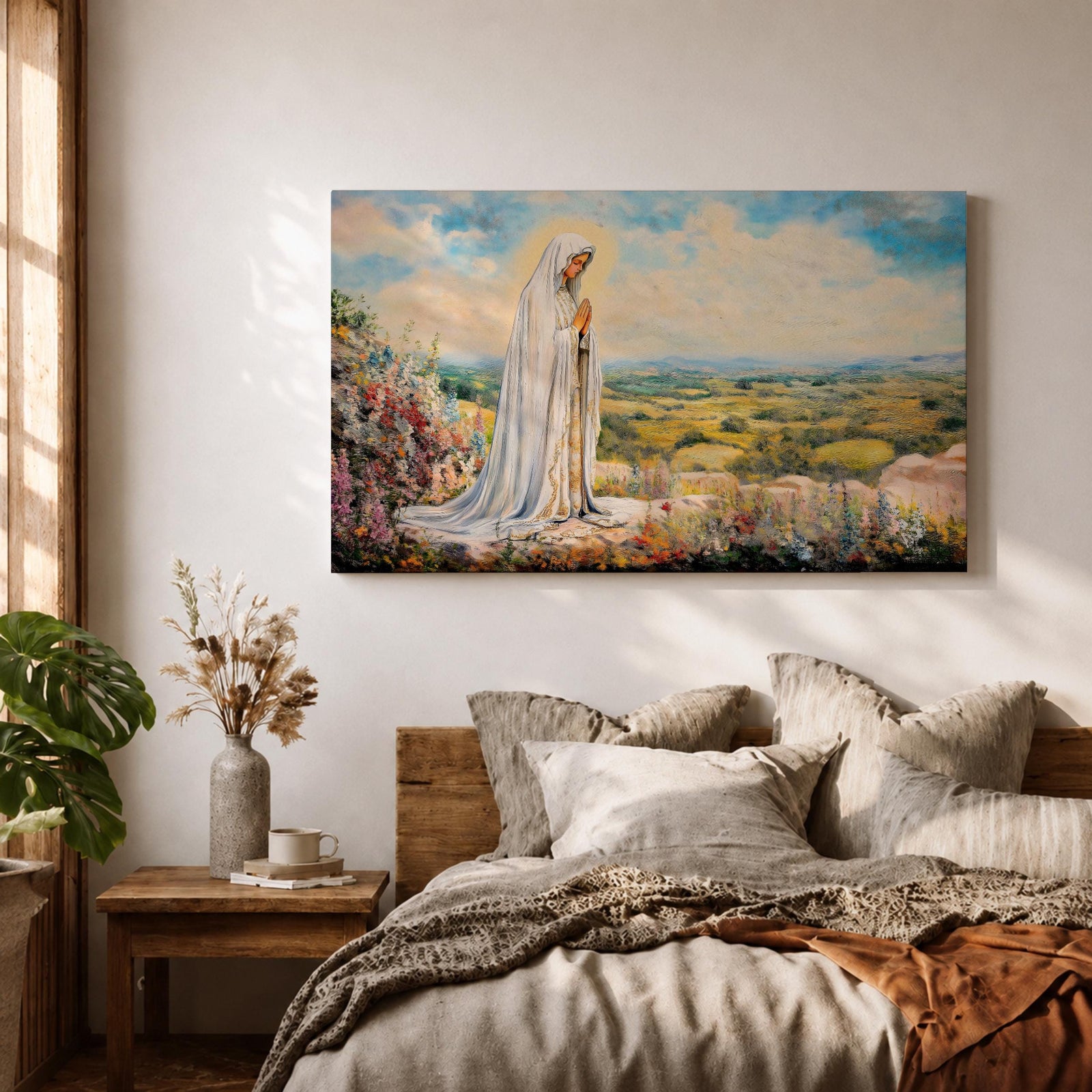 Virgin Mary Apparition Wall Art Our Lady of Fatima Framed Canvas Catholic Prayer Decor