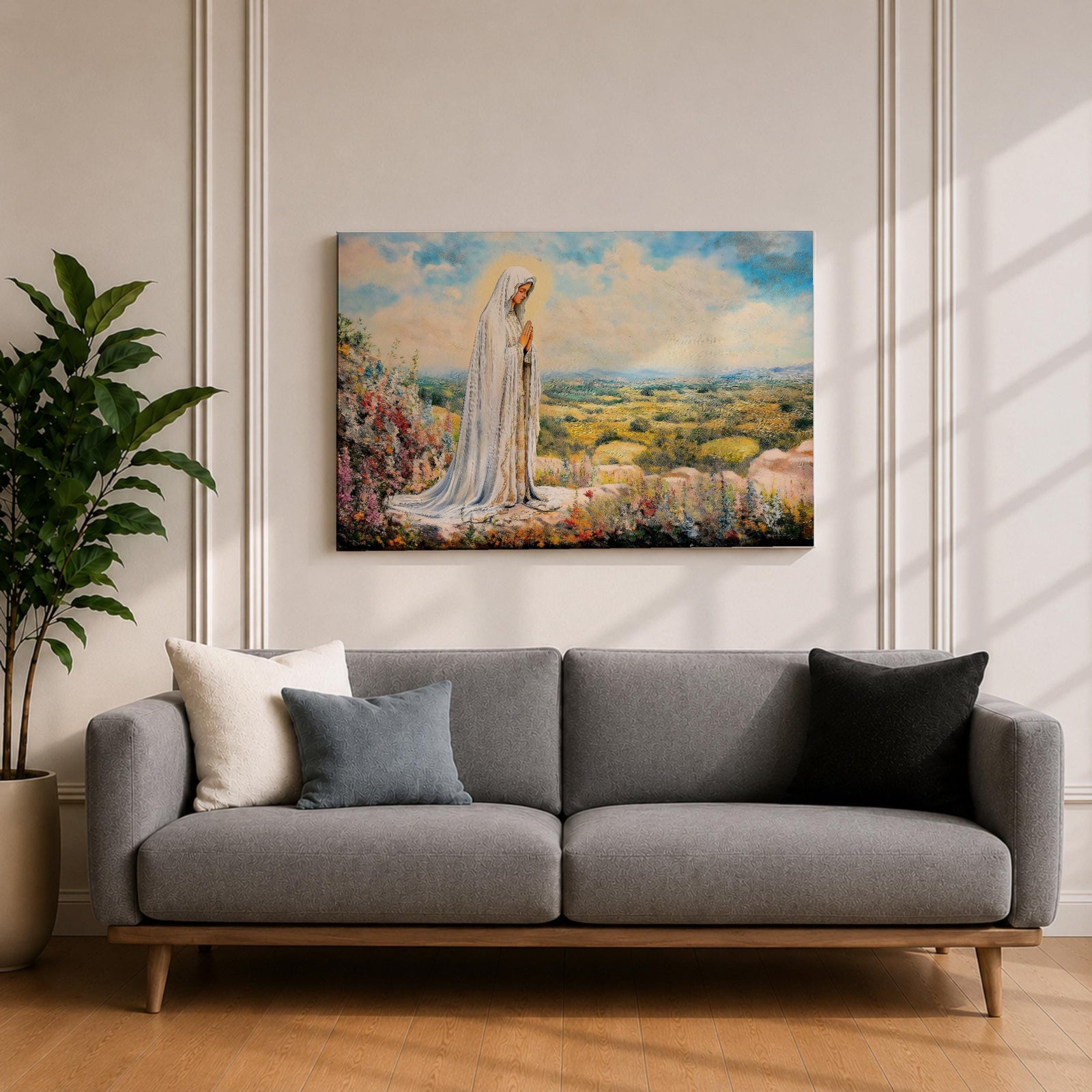 Virgin Mary Apparition Wall Art Our Lady of Fatima Framed Canvas Catholic Prayer Decor