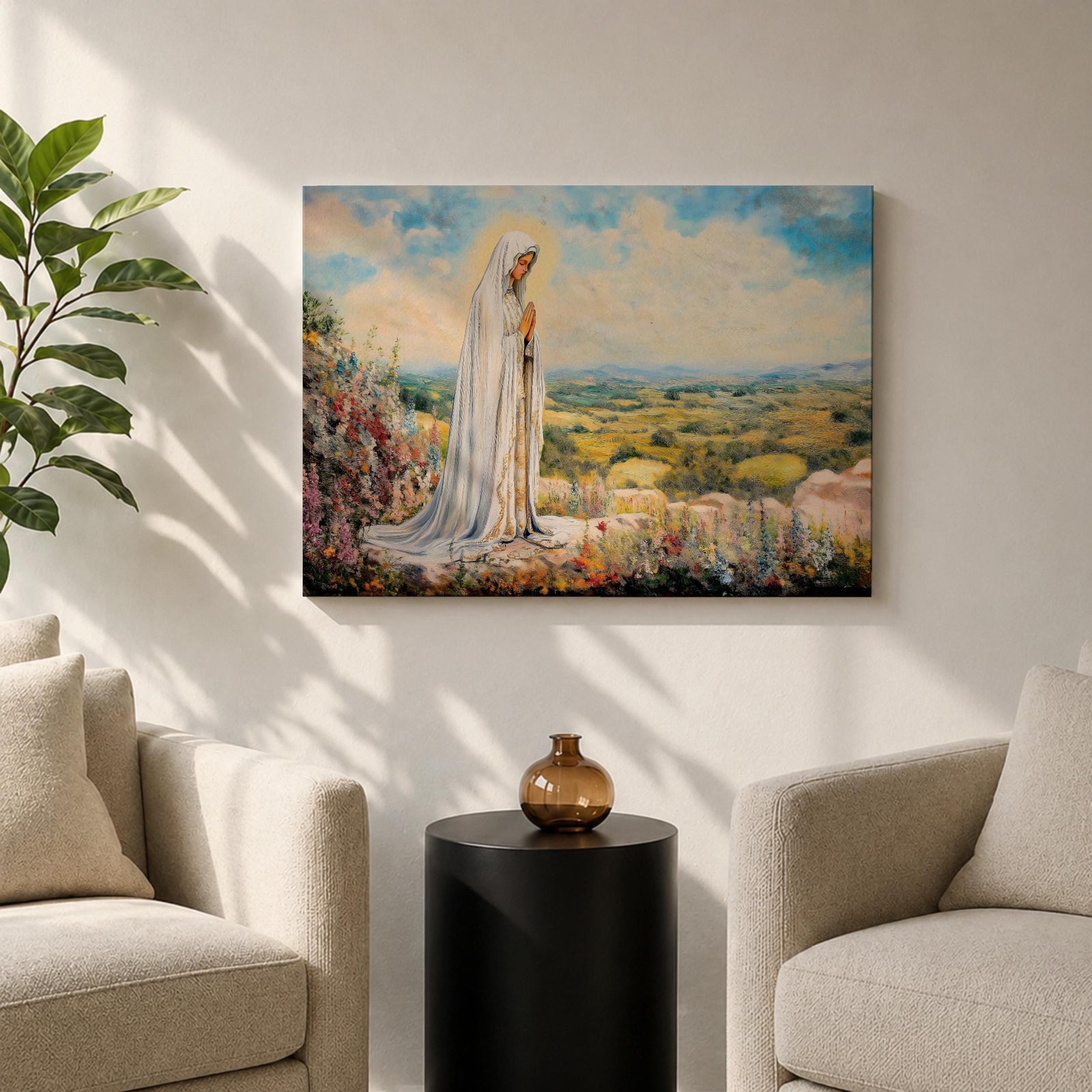Virgin Mary Apparition Wall Art Our Lady of Fatima Framed Canvas Catholic Prayer Decor