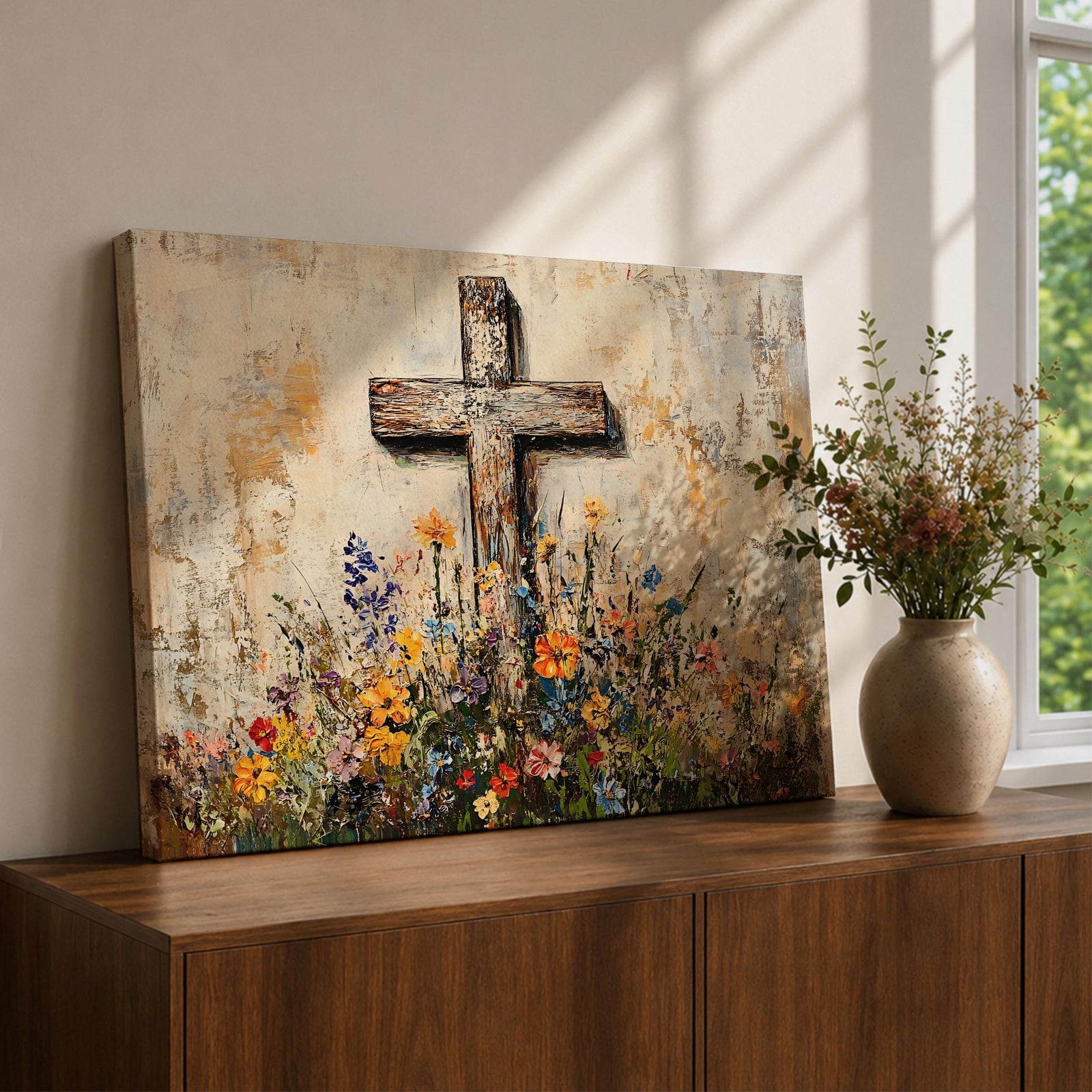 Cross Wall Art Wildflower Field Framed Canvas Rustic Christian Floral Home Decor