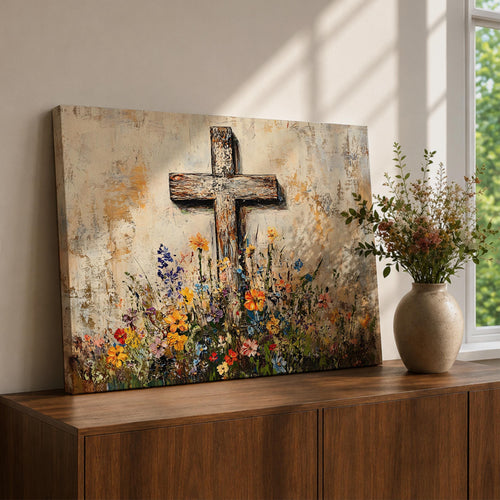 Cross Wall Art Wildflower Field Framed Canvas Rustic Christian Floral Home Decor