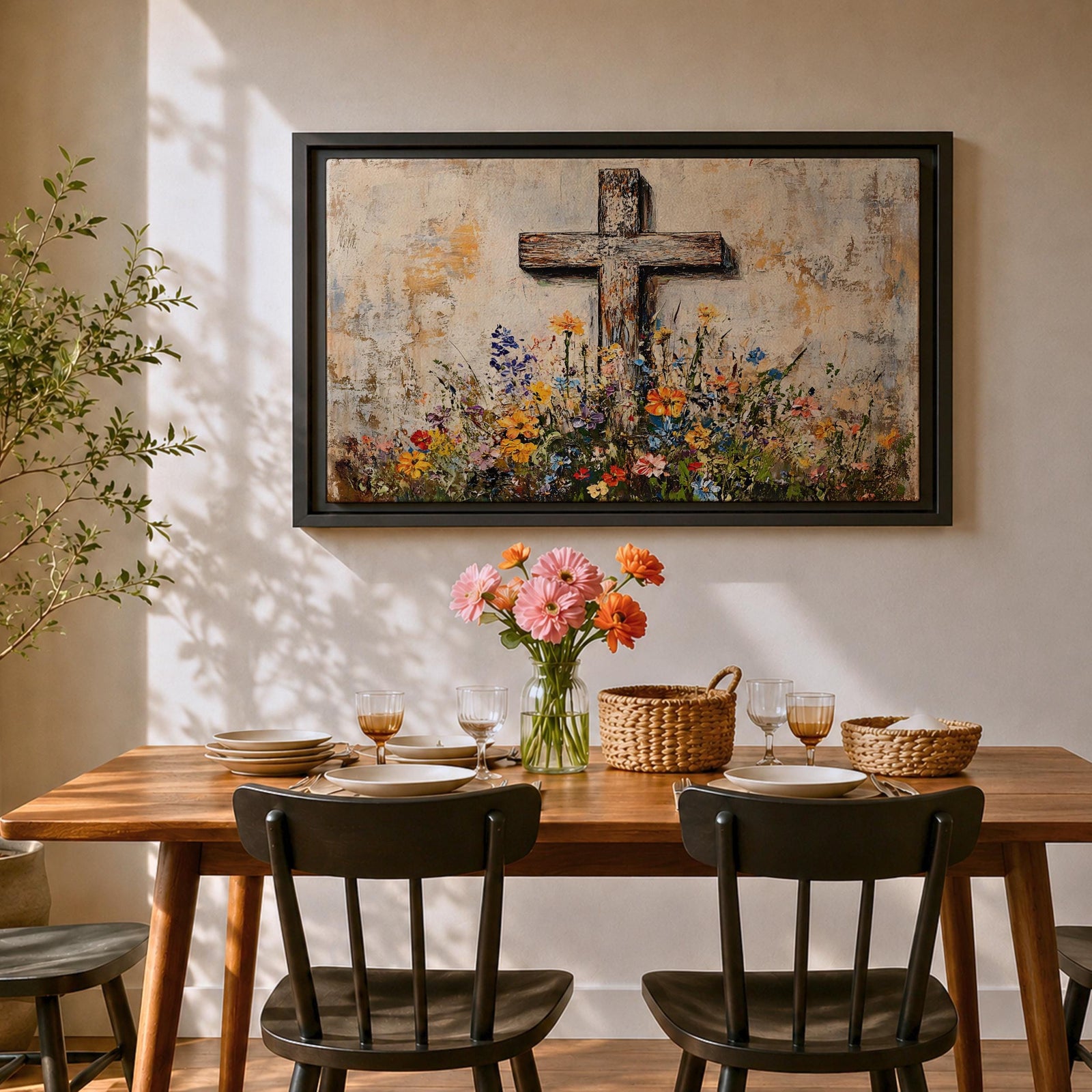 Cross Wall Art Wildflower Field Framed Canvas Rustic Christian Floral Home Decor