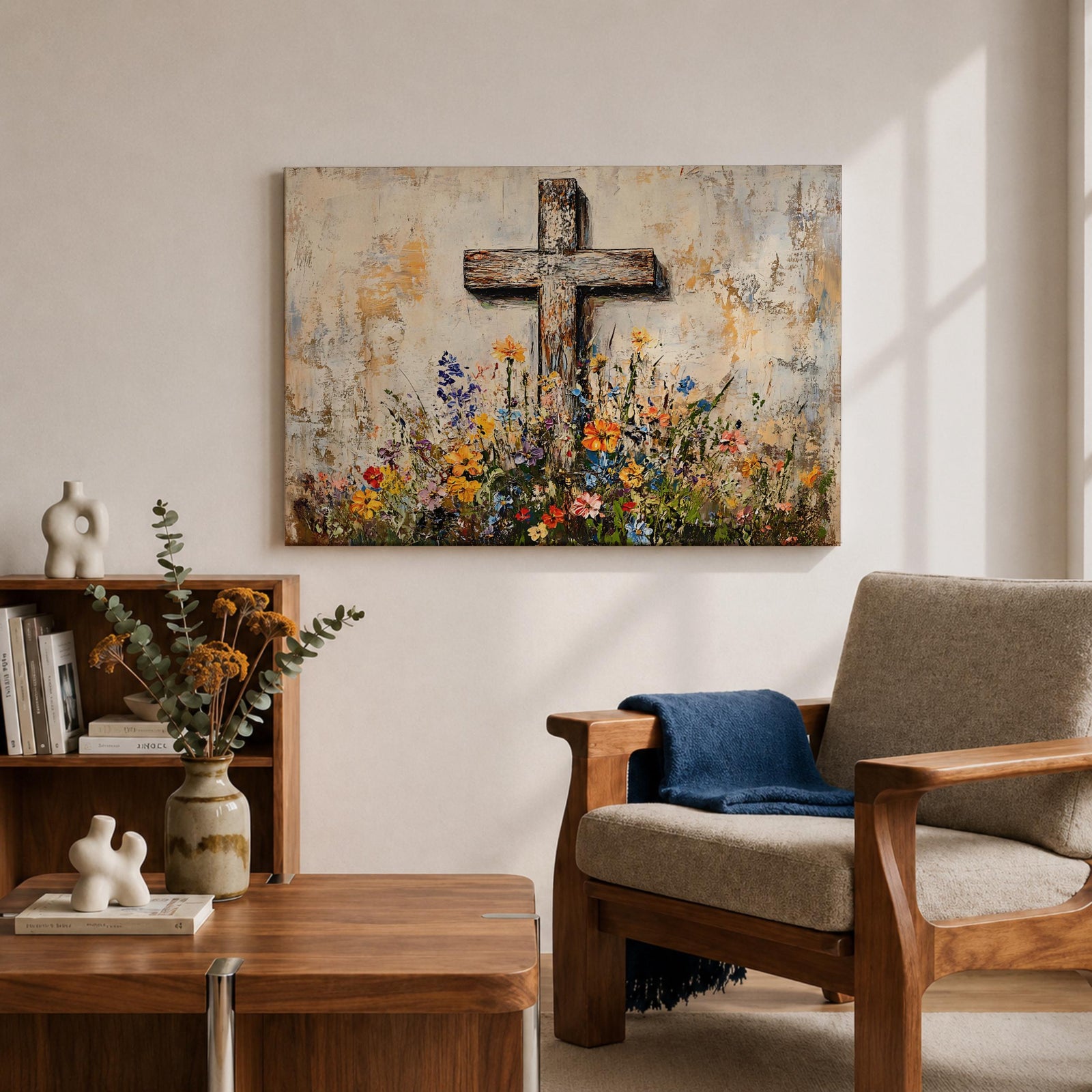 Cross Wall Art Wildflower Field Framed Canvas Rustic Christian Floral Home Decor