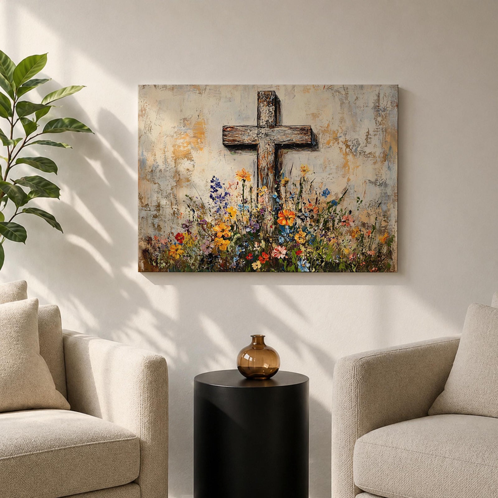 Cross Wall Art Wildflower Field Framed Canvas Rustic Christian Floral Home Decor
