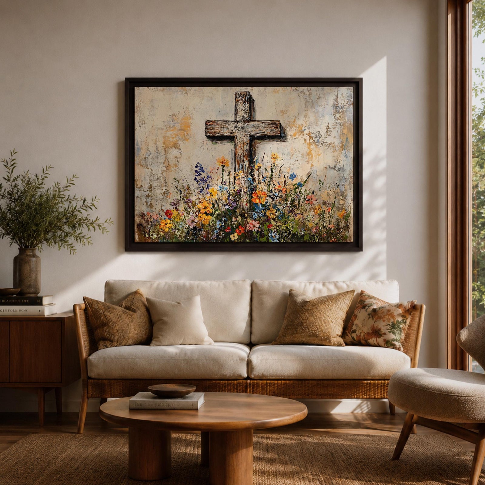 Cross Wall Art Wildflower Field Framed Canvas Rustic Christian Floral Home Decor