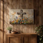 Cross Wall Art Wildflower Field Framed Canvas Rustic Christian Floral Home Decor