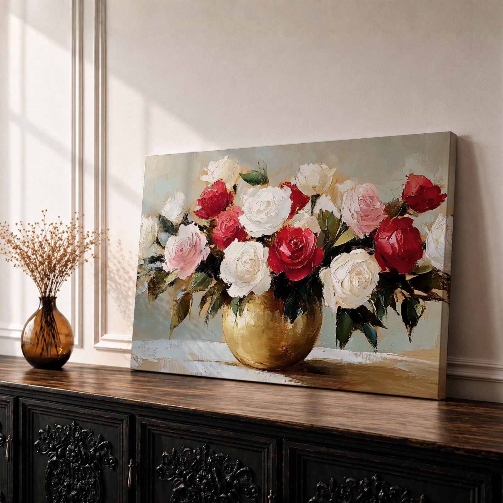 Rose Vase Wall Art Floral Bouquet Framed Canvas Cottagecore Botanical Garden Bedroom Decor