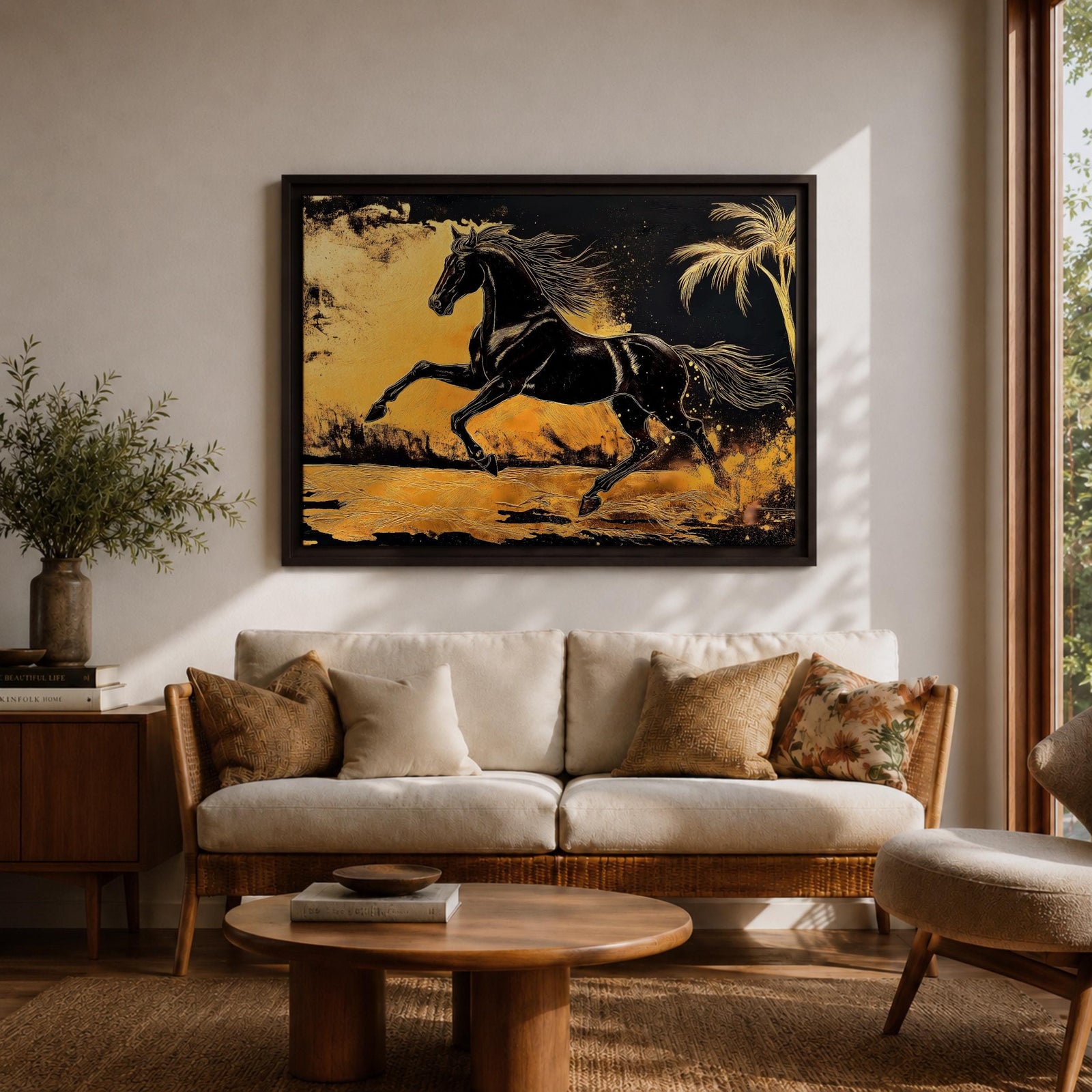 Horse Wall Art Stallion Framed Canvas Wild Mustang Galloping Wildlife Western Living Room Decor