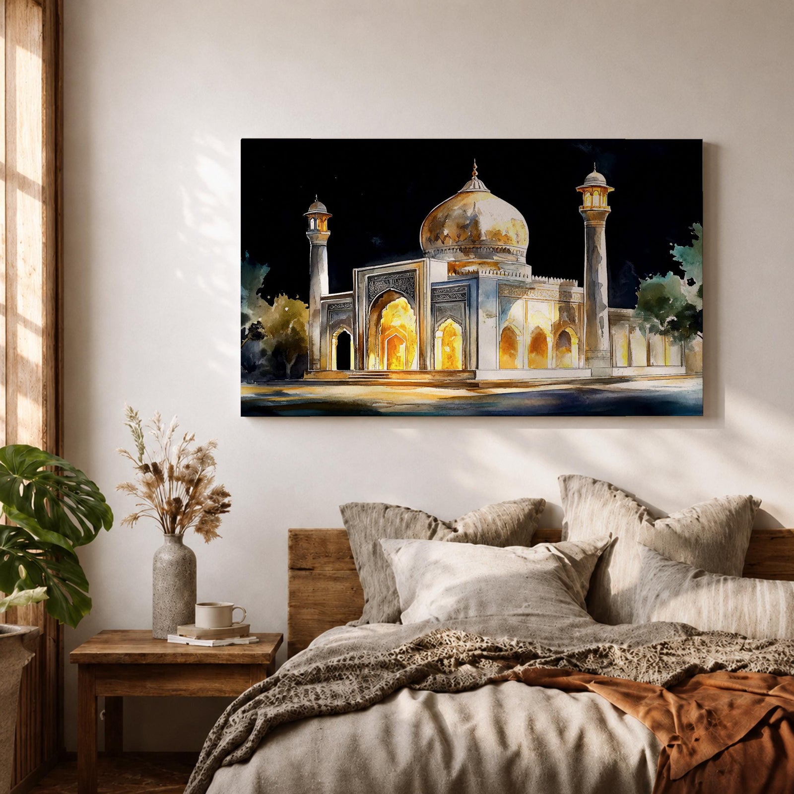 Taj Mahal Wall Art Night View Framed Canvas Mausoleum Watercolor Agra Home Decor