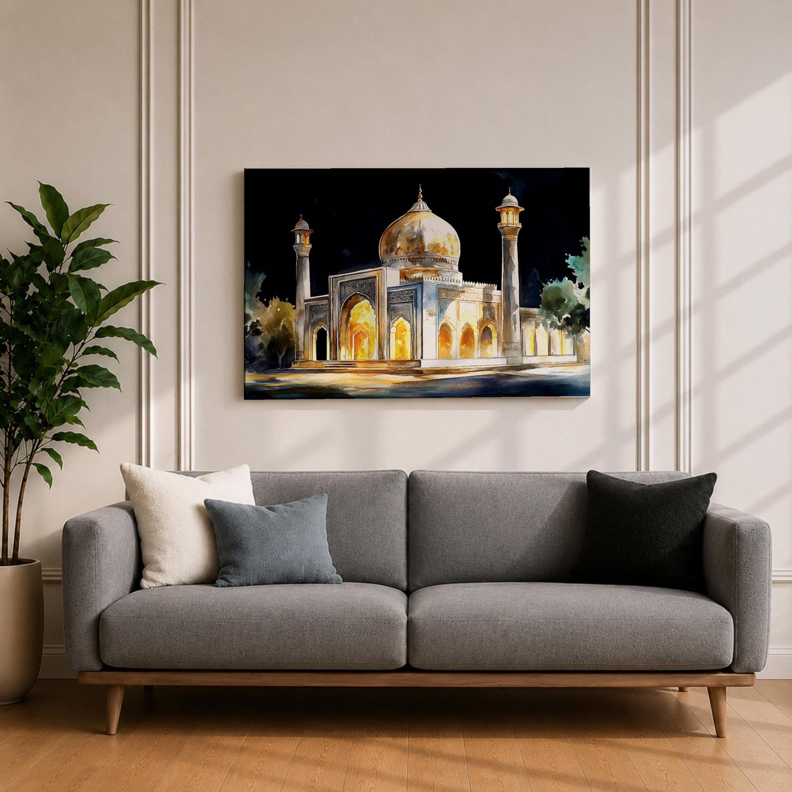 Taj Mahal Wall Art Night View Framed Canvas Mausoleum Watercolor Agra Home Decor