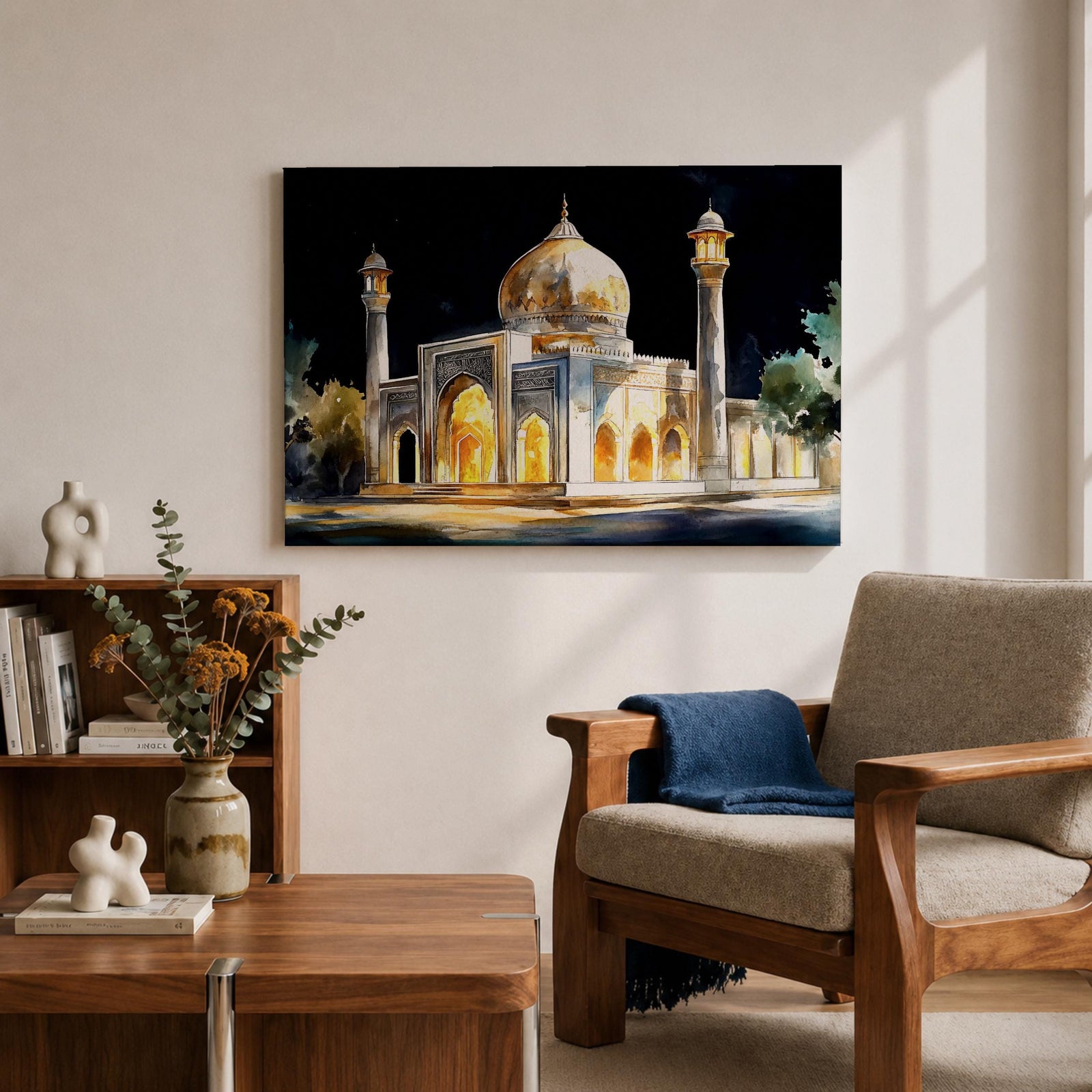 Taj Mahal Wall Art Night View Framed Canvas Mausoleum Watercolor Agra Home Decor