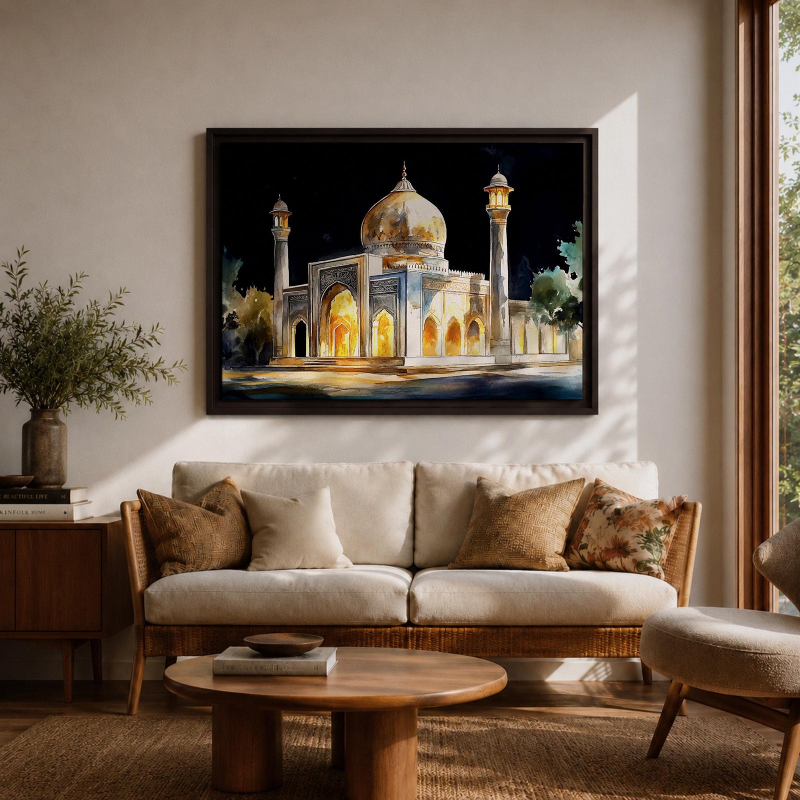 Taj Mahal Wall Art Night View Framed Canvas Mausoleum Watercolor Agra Home Decor
