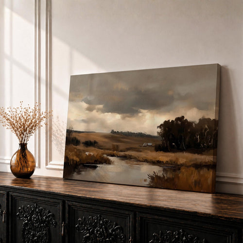 Countryside Landscape Wall Art Pastoral Framed Canvas Rustic Farm Meadow Vintage Cottage Home Decor