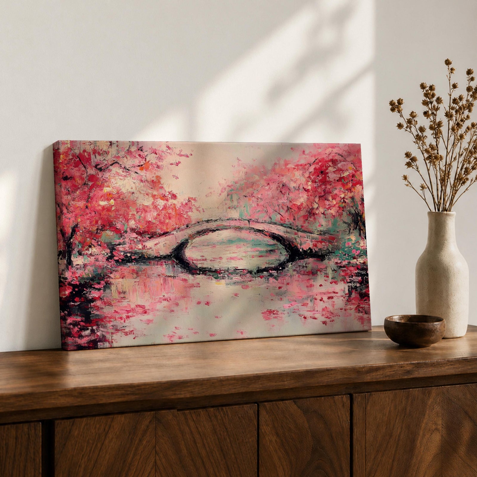 Cherry Blossom Bridge Wall Art Sakura Framed Canvas Japanese Garden Impasto Boho Home Decor