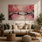 Cherry Blossom Bridge Wall Art Sakura Framed Canvas Japanese Garden Impasto Boho Home Decor