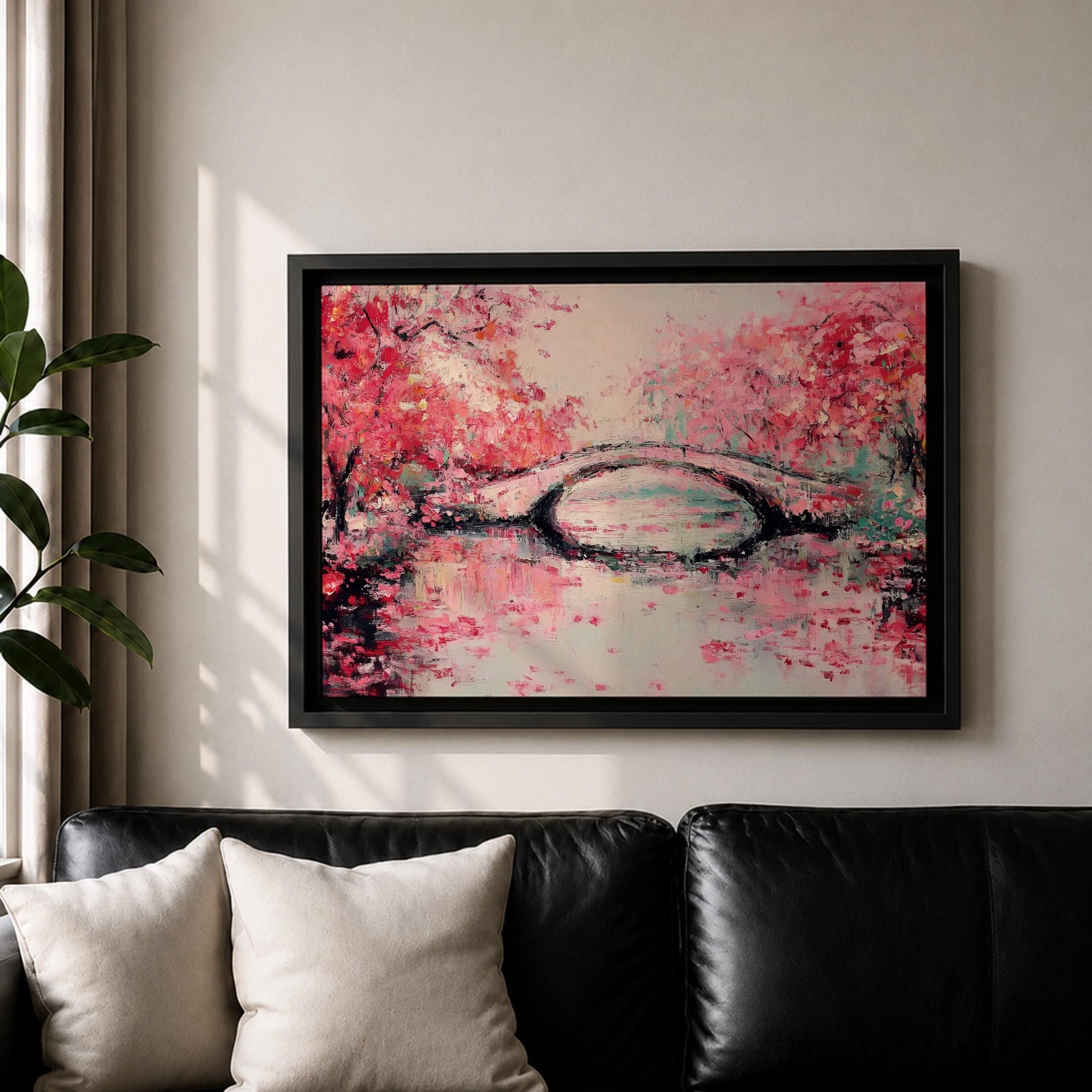Cherry Blossom Bridge Wall Art Sakura Framed Canvas Japanese Garden Impasto Boho Home Decor