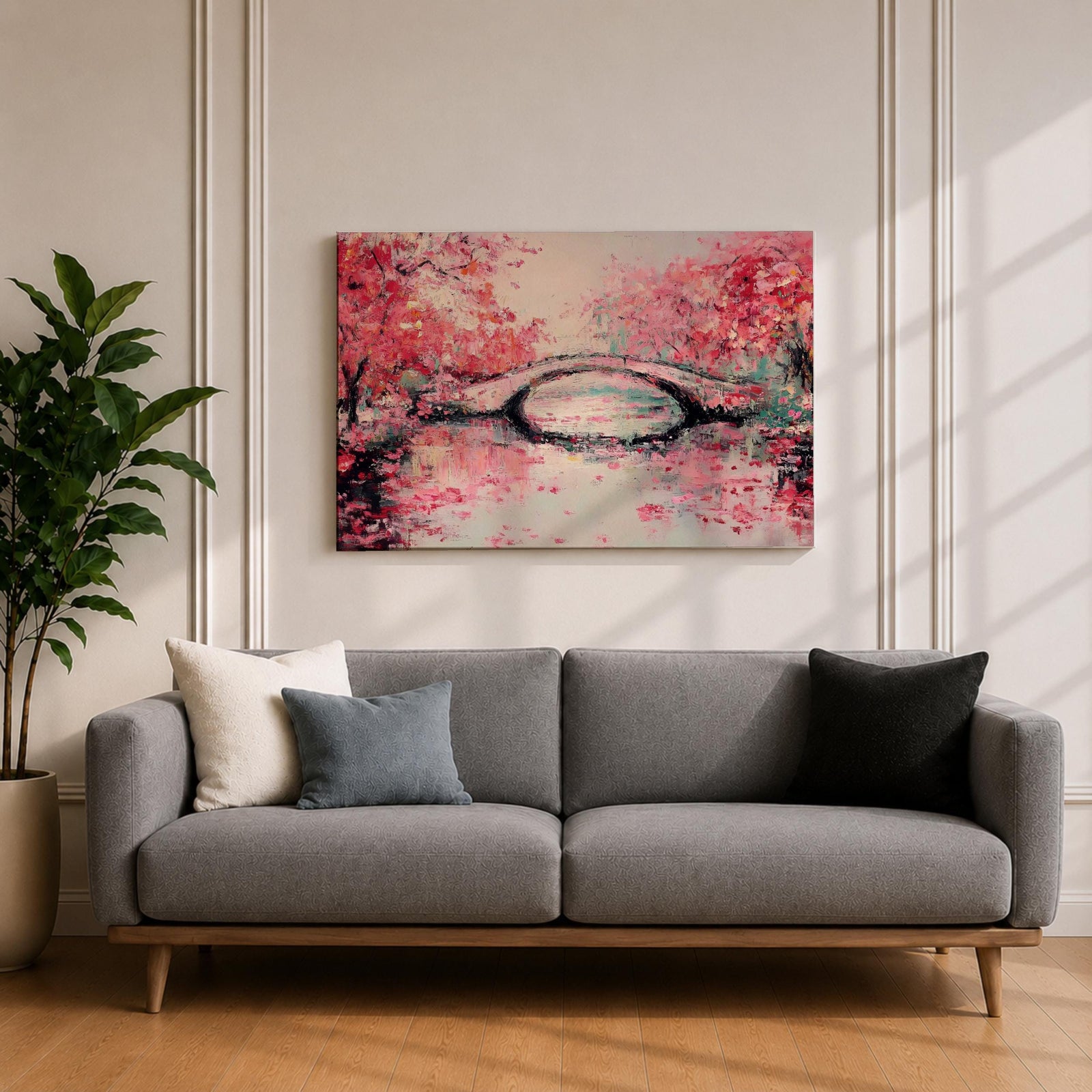 Cherry Blossom Bridge Wall Art Sakura Framed Canvas Japanese Garden Impasto Boho Home Decor